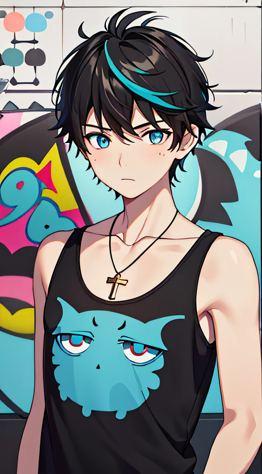 masterpiece, best quality, high quality, 1boy, solo, male focus, looking at viewer, cold light, (summer tank top:1.2), (cross necklace:1.2), (lively:1.1), (blue_eyes:1.2), (Zaffre eyes color:1.1), (black hair:1.2), (black short hair:1.5), black short hair, (magic monster pattern:1.5), (walls covered with colorful graffiti:1.2)