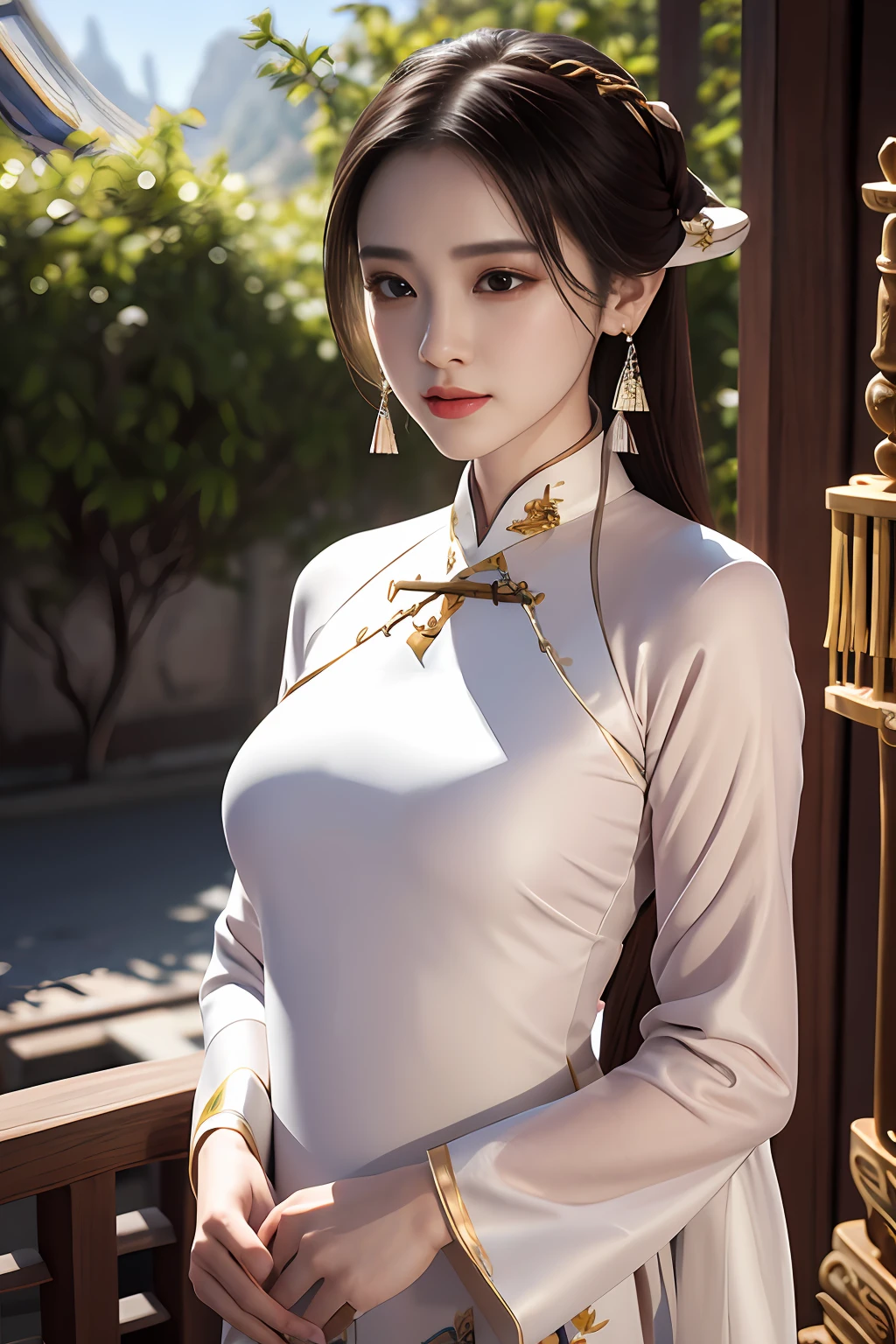 (best quality, masterpiece:1.2), photorealistic, ultra high res, full body shot, front lighting, intricate detail, Exquisite details and textures, 1girl, (young), face highlight, upper body, detailed face, tear mole, white skin, silver hair, ponytail, braid hair, looking at viewer, big eyes, symmetrical eyes, (sexy ao dai attire:1.6), earrings, (gigantic breasts), slim body, professional lighting, photon mapping, radiosity, physically-based rendering, good hands, good fingers, outdoor, masterpiece,ultra realistic,32k,extremely detailed CG unity 8k wallpaper, best quality