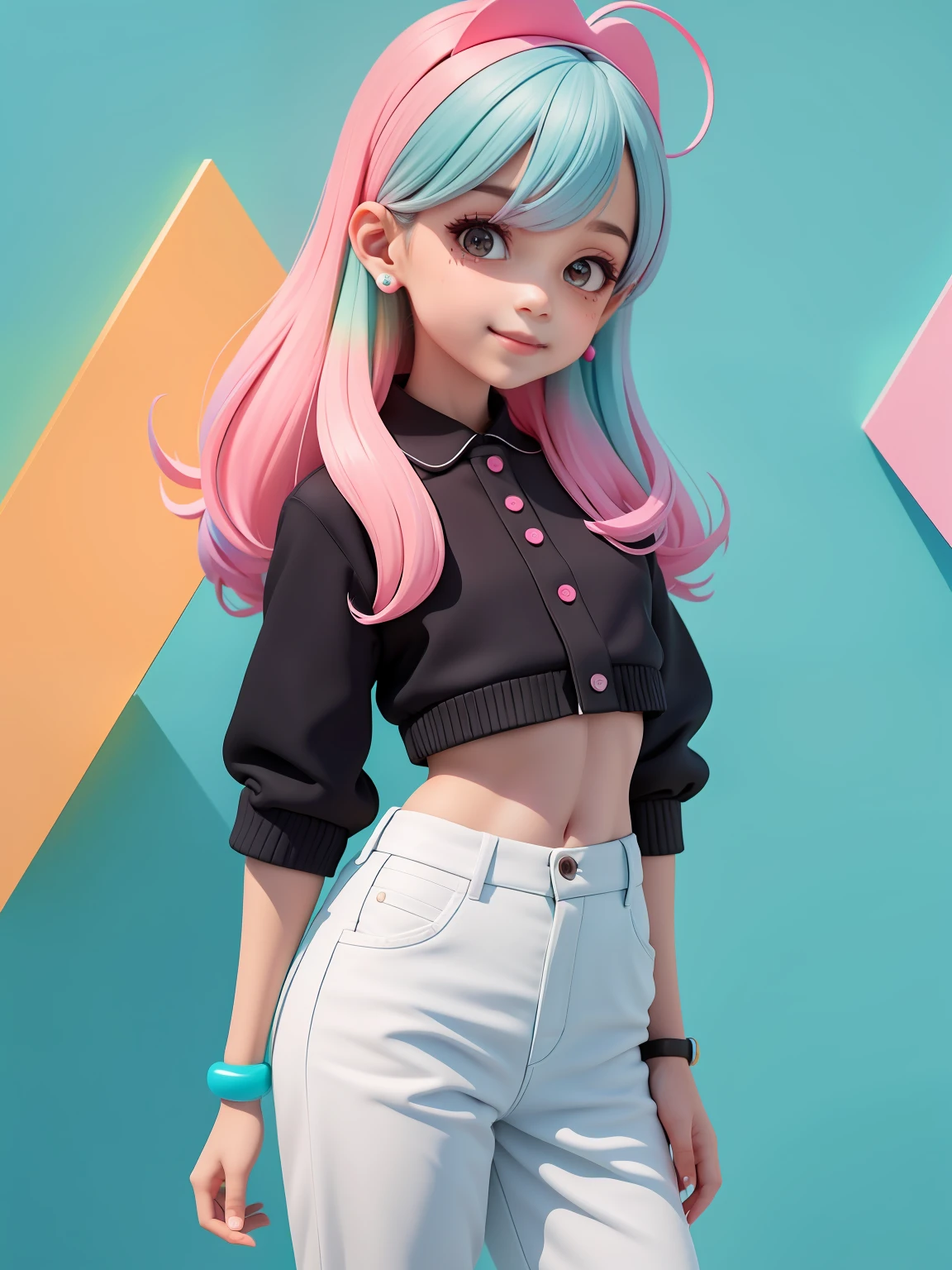 (obra-prima), (melhor qualidade), (ultra-detalhado), (corpo inteiro: 1.2) cute loli menina negra, liso, encaracolado ,pants and mini blouse, sorriso claro, corpo inteiro, :3, cabelo multicolor, curto, preso, pavor, moderno, Modern accessories, fundo tom pastel , colorido e simples.