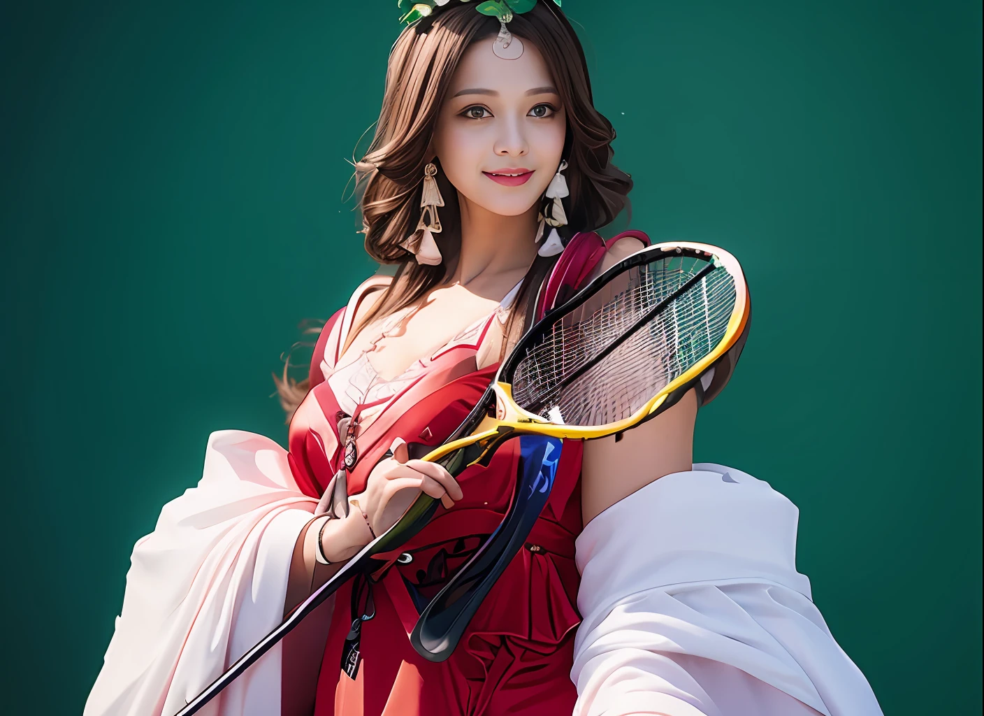 a smile、Close up portrait of costumed woman holding tennis racket,