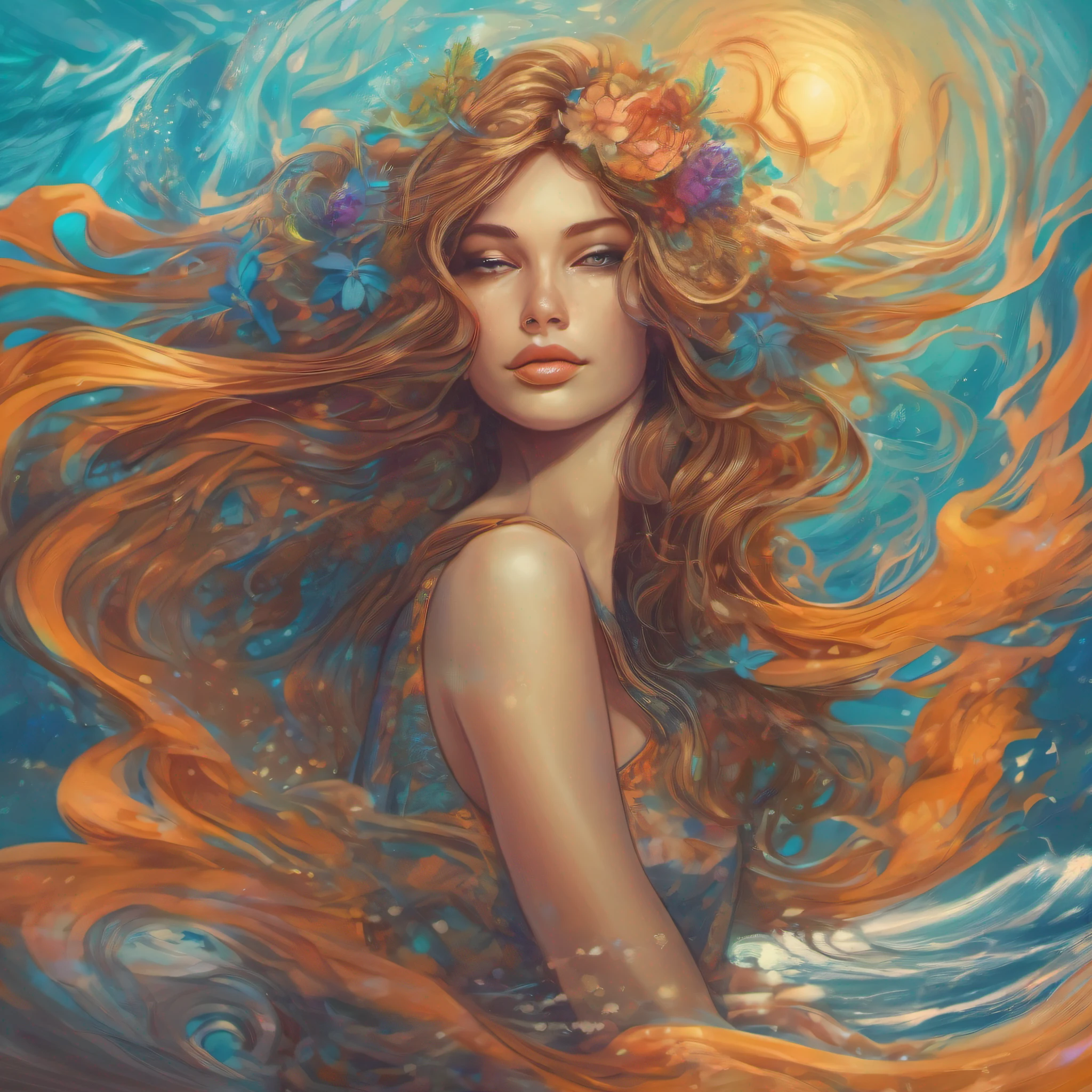 ((full body, )) ((splash Style, melted and blended with paint and water))Lady Sunshine. Woman with flowing hair, colorful, surreal, dramatic lighting, face, detailed, intricate, elegant, highly detailed, digital painting, artstation, ((in the beach style melted and blended with the seawater and sand)). chalk, concept art, smooth, sharp focus, illustration, art by sam spratt, dan mumford, artem demura and alphonse mucha.