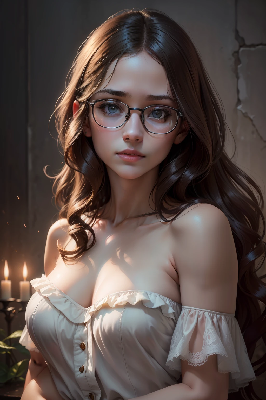 Best quality, masterpiece, ultra high res, (photorealistic:1.5), raw photo, 1girl, in the dark, deep shadow, low key, cold light, sexy look, brunette color wavy long hair, white color blouse, with glasses, flower band in hair,
