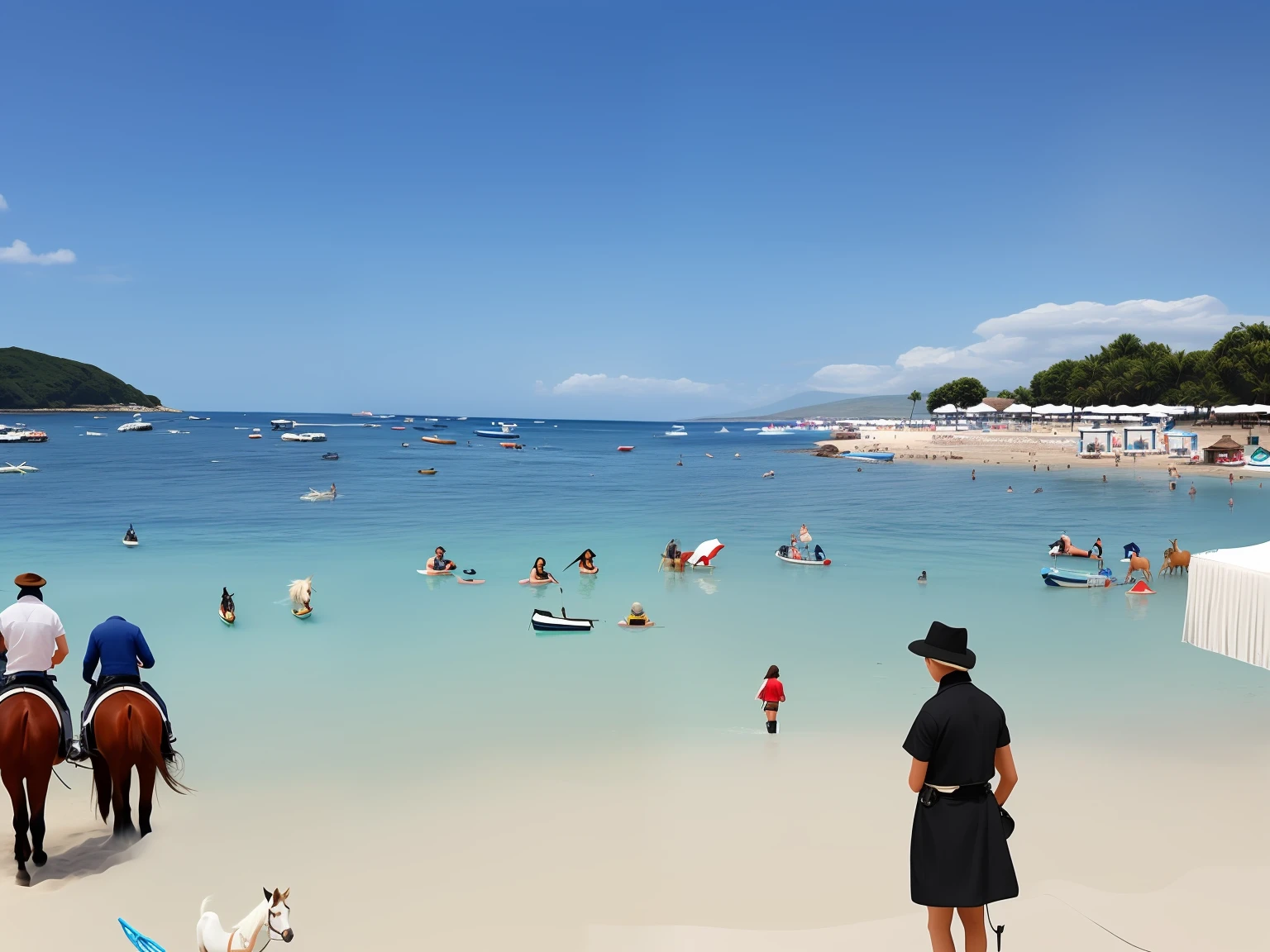 Remove all the people who are on the beach. Putting mares in people's shoes. Make this substitution as realistic as possible. Do not add any more elements to the photo, only mares and horses.