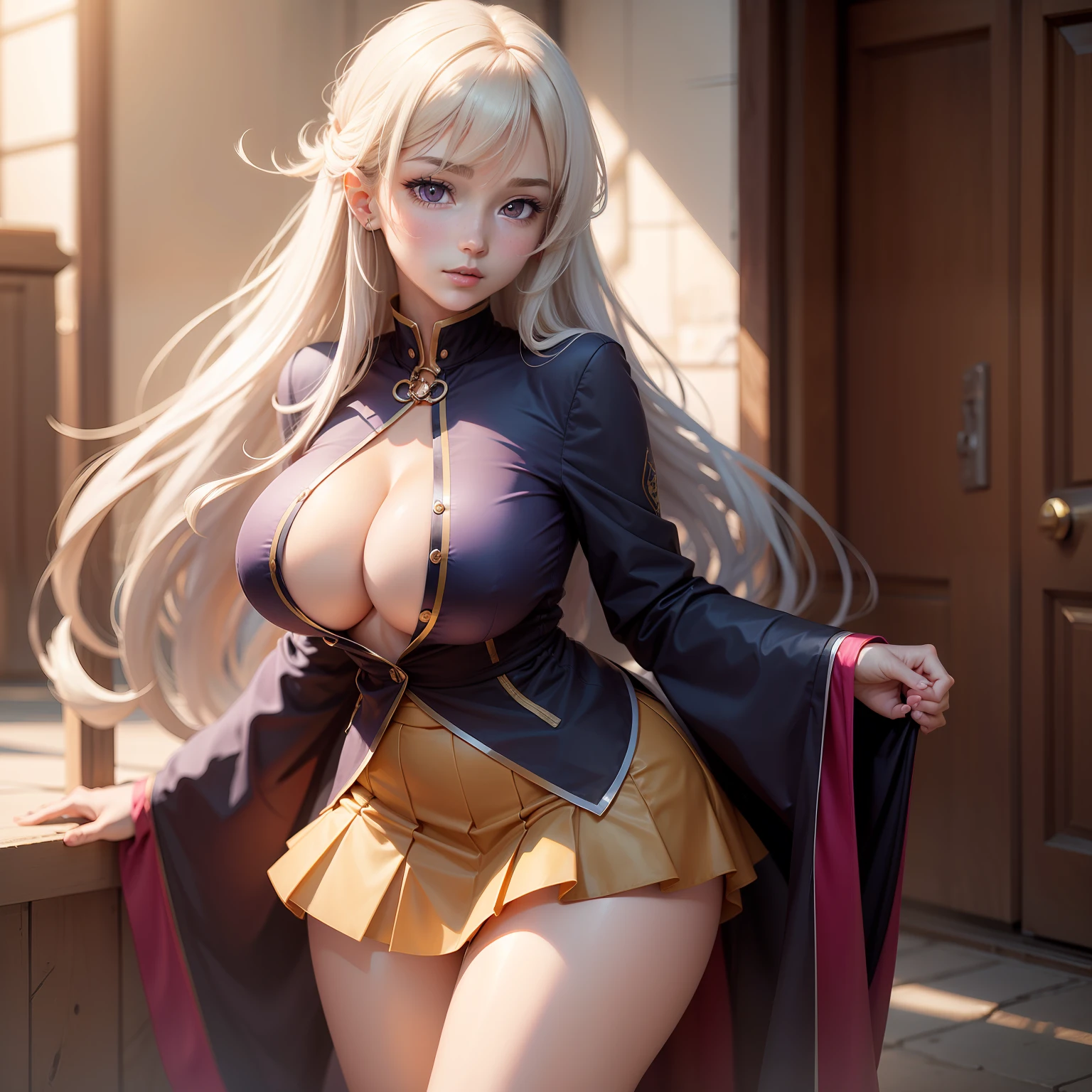 whaite hair，long whitr hair，youthfulness，with a good figure，short  skirt，Purple pupils，National style，anime big breast