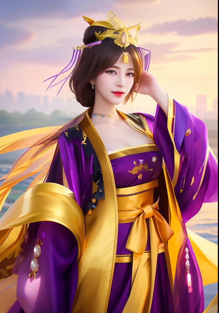 Close up portrait of woman in purple dress with gold crown, On the banks of the Yellow River
