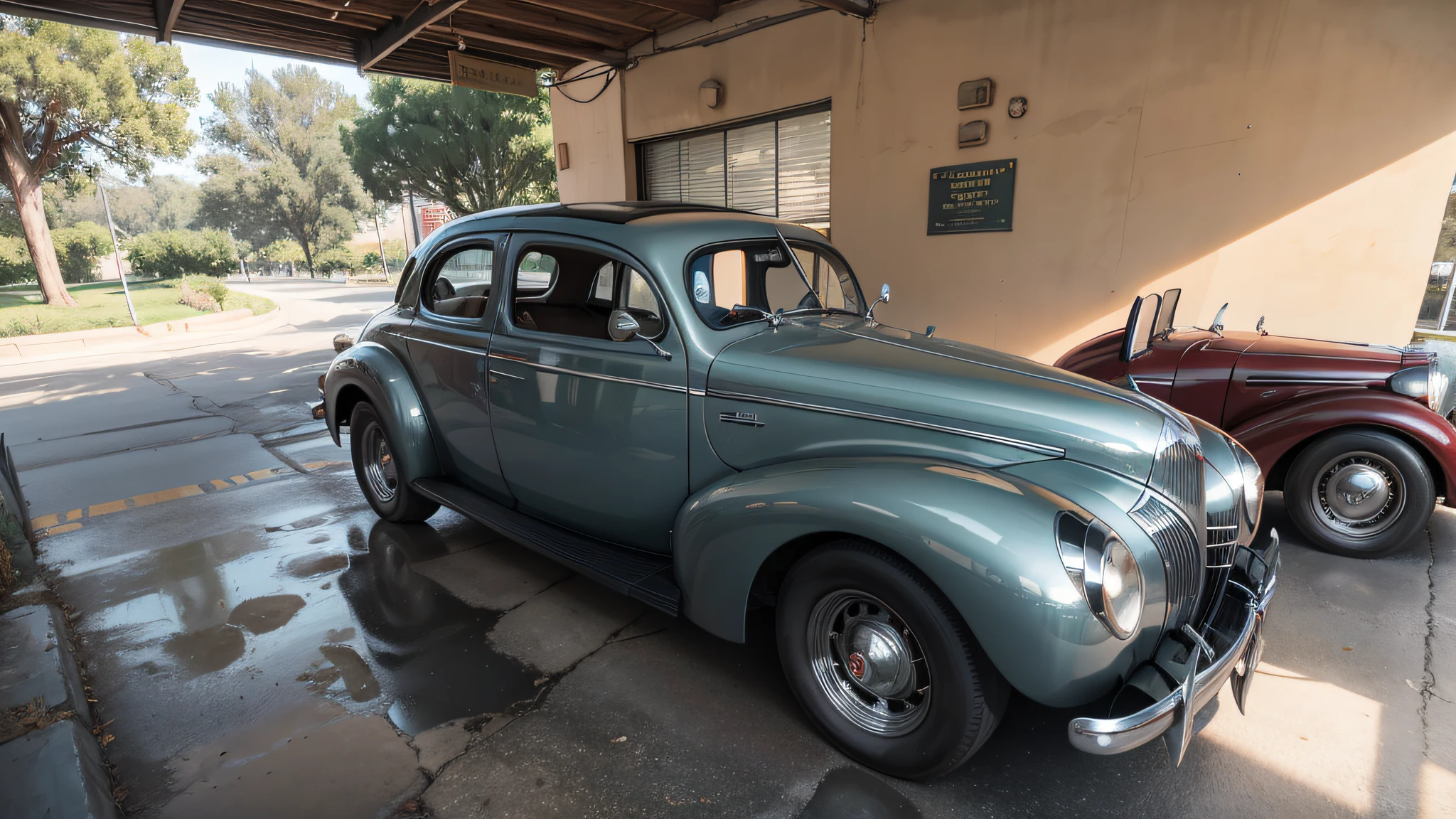 1940s silver car, ((super rrealista: 1.2)), Hi-Def, detallado, 8k