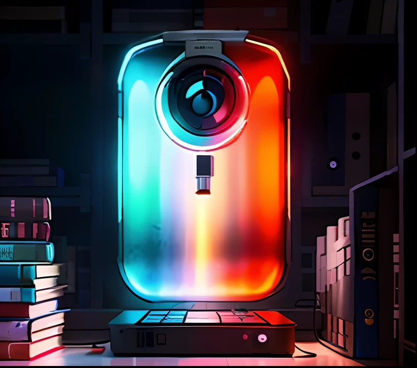 Product photography, A projector isplaced on the desk. The desk is a darkgray wood texture with books and metalmodels on the desk,indoor, soft shadowsAkira style, red and blue lighting, studiolighting, Low angle shot, detailed.