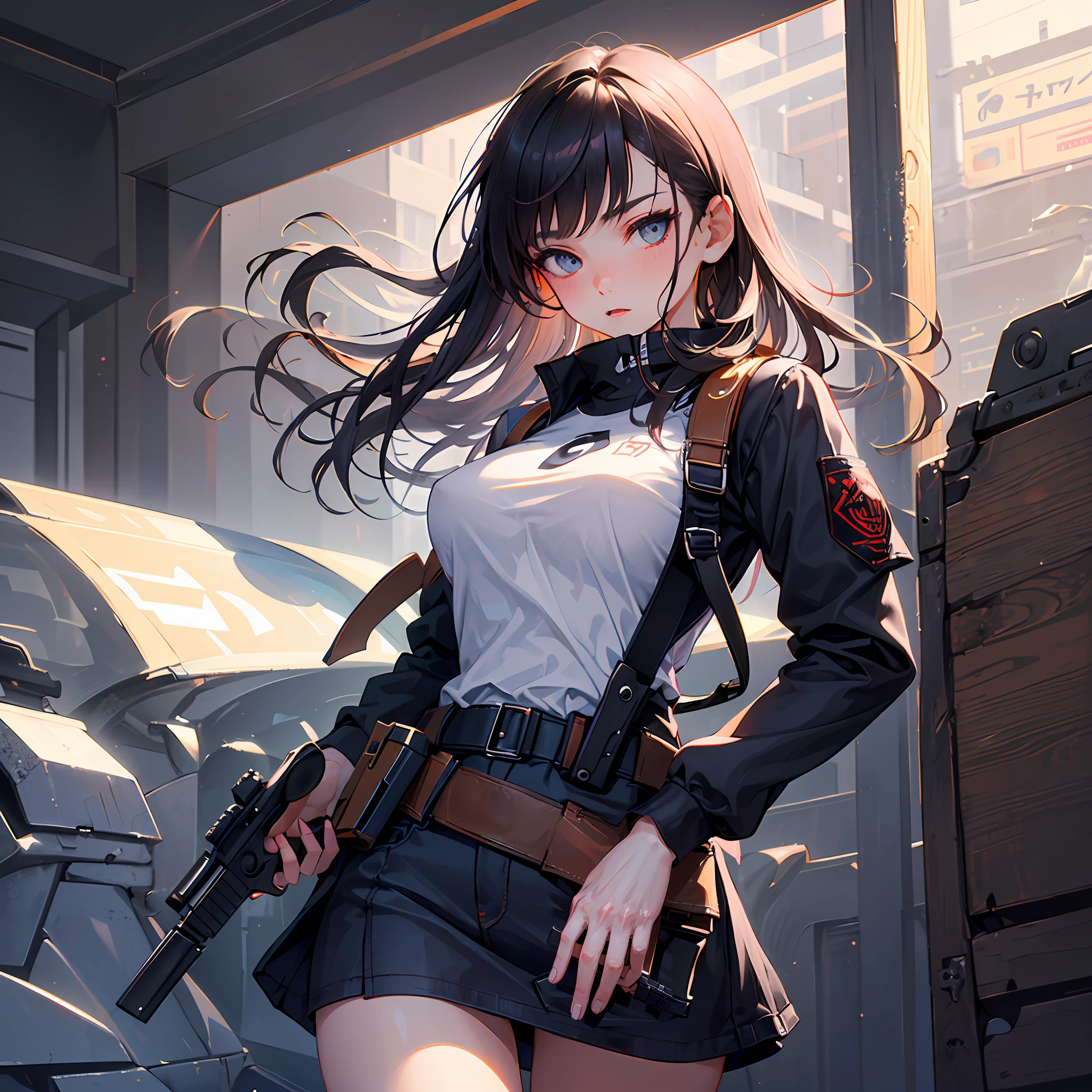 (1girl:1.3), holding a gun, Glock, She holds the handgun in front of her chest, gripping the barrel firmly from the front with her left hand and holding the grip with her right.