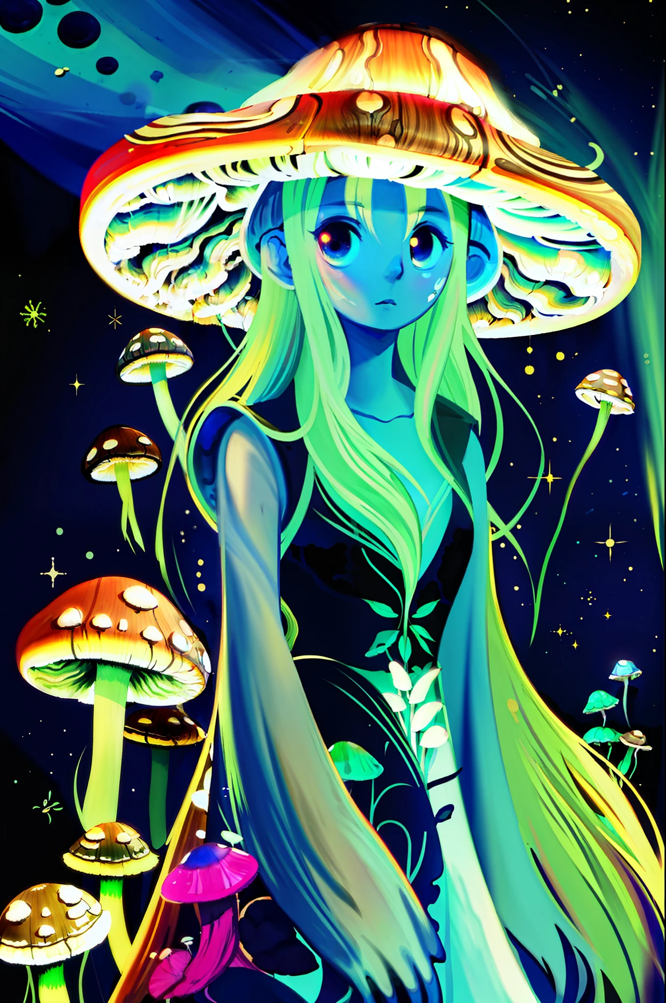 masterpiece, best quality, 1 woman, many eyes, glowing mushrooms stick out of her hair, space background, feef,