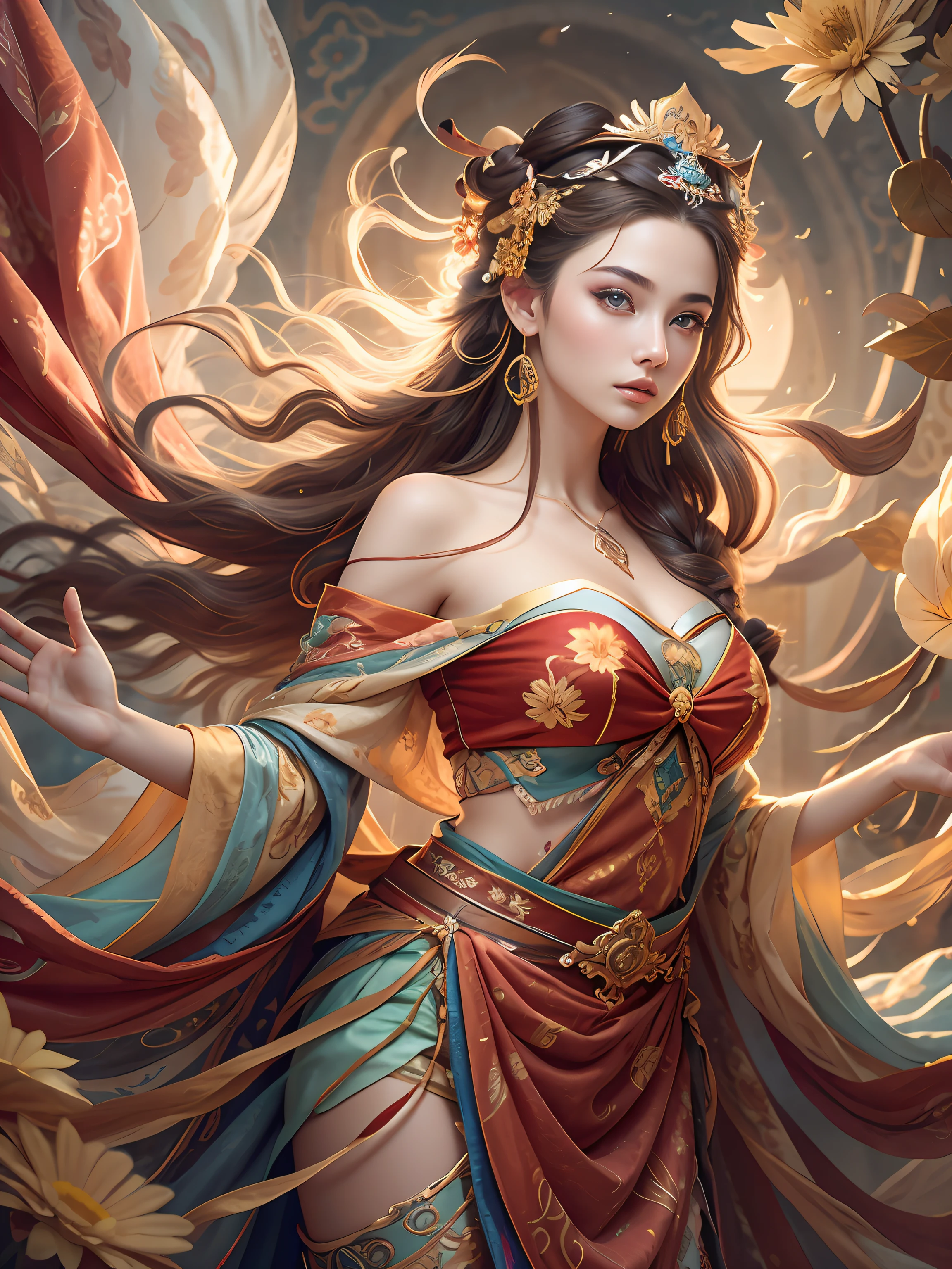 Bestquality,a masterpiece,Ultra-detailed high resolution,(Vivid:1.4),RAW Photos,,illustartion,1girle,(Solo exhibition:1.2),(Cowboy lens:1.2),(Hair crown:1.2),Traditional costumes of Dunhuang, China,strapless,(Red eyeliner:1.2),(Black eyes:1.4),earings,Dynamic angle,opera house,messy_long_hair,ink,Cinematic Light,lens_flare,velvet,chrysanthemum,tassels,Ribbon,Colorful embroidery,upper half body,facing the lens,Dynamic Pose,Large,Embroidered cloth shoes