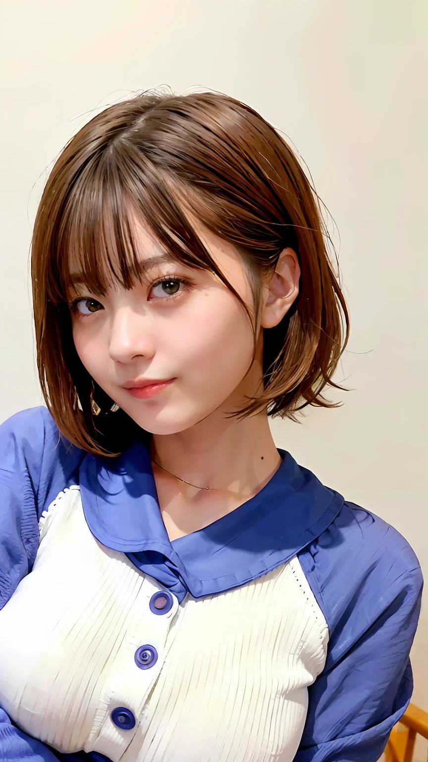 (top-quality、8K、32K、masterpiece)、Japan beauties、((huge-breasted))、very short bobbed hair、The upper part of the body、sface focus、Cotton sweater、simple background、looking at the viewers