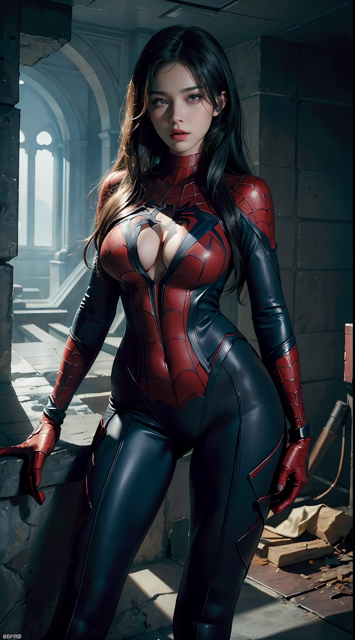 sexy woman (naked big tits) dressed as Spider-Man from Marvel Comics, In the fortress of loneliness, Looks cool, (ultra realistis), (illustartion), (High Resolution), (8K), (Very detailed), (Best illustration), (Best Quality), (Ultra Detailed), (Masterpiece), 独奏, (dynamicpose), dark studio