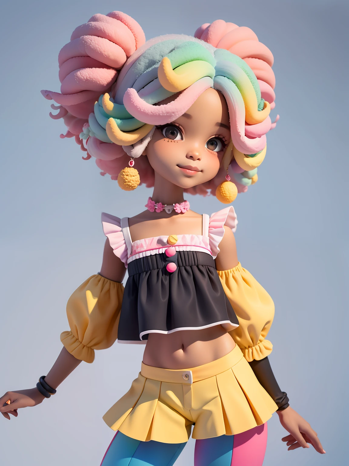 (obra-prima), (melhor qualidade), (ultra-detalhado), (corpo inteiro: 1.2) cute loli menina afro, pants and mini blouse, sorriso claro, corpo inteiro, :3, cabelo multicolor, curto, preso, pavor, moderno, Modern accessories, fundo tom pastel , colorido e simples.