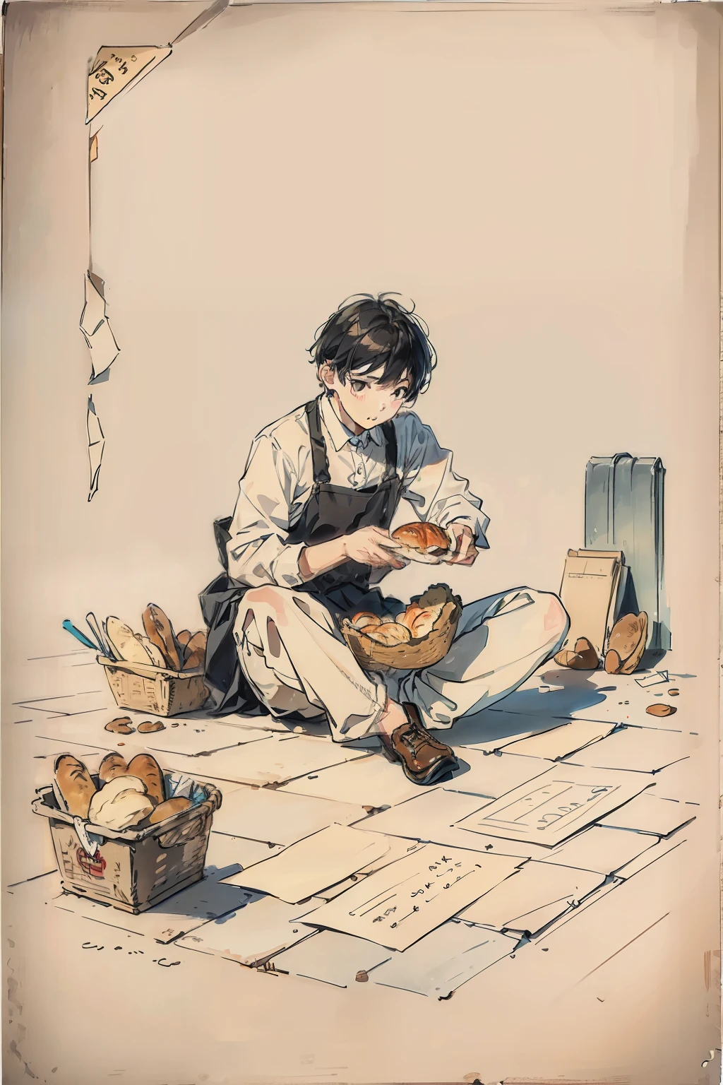 A young child picks up bread,Erase words on a piece of paper with words next to a pencil