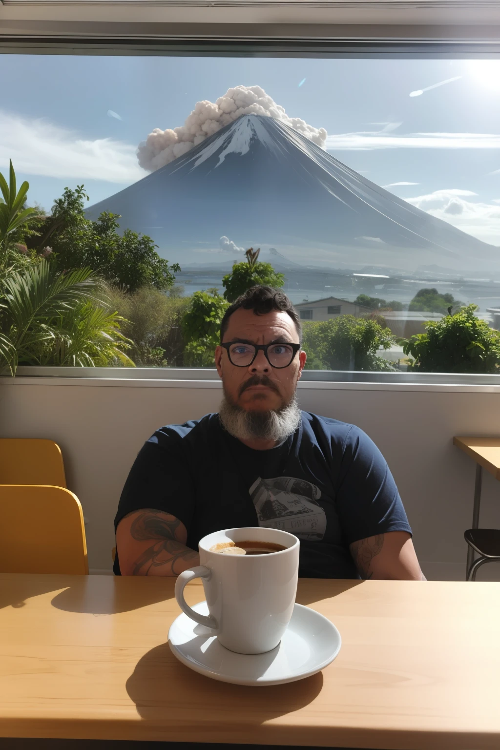 retrato realista de um homem de oculos, rosto definido e detalhado, with a cup of coffee in your hands. Ele esta sentado em uma cafeteria charmosa. Through the window you can see an erupting volcano. Cena fantasiosa e realista. Detalhada e sensacionalista. 8k. UHD