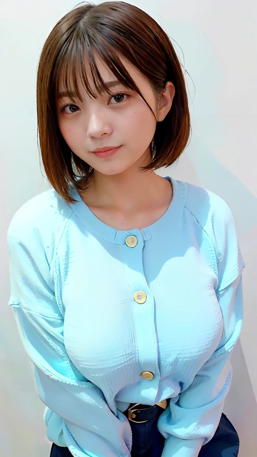 (top-quality、8K、32K、​masterpiece)、Japan beauties、((huge-breasted))、very short bobbed hair、The upper part of the body、sface focus、Cotton sweater、simple background、looking at the viewers