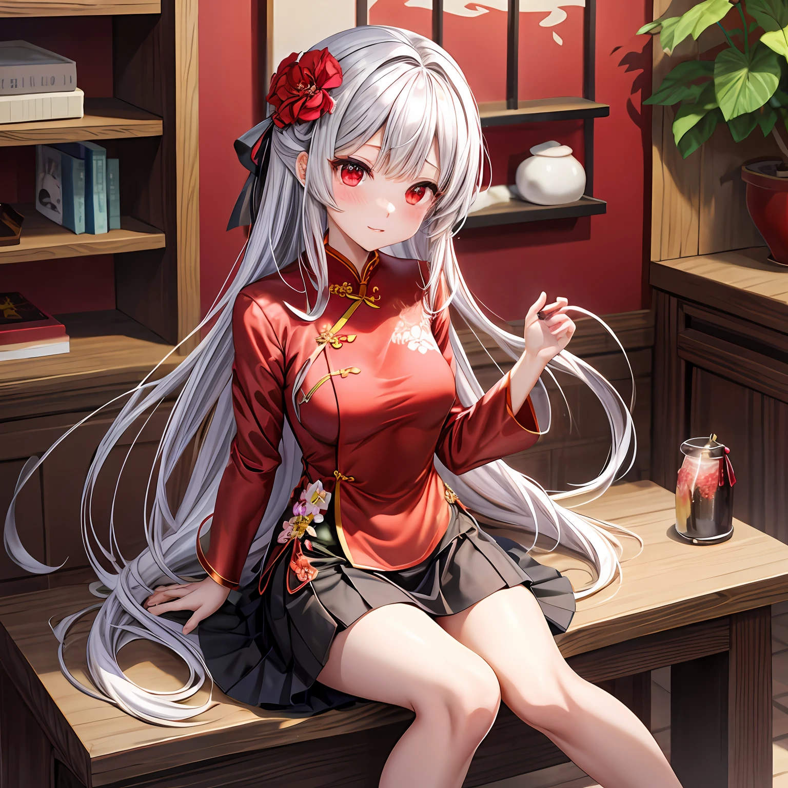 silber hair、red eyes、One pretty girl、独奏、animesque、flower field、red blush、Black cheongsam、a miniskirt、Sitting on a chair