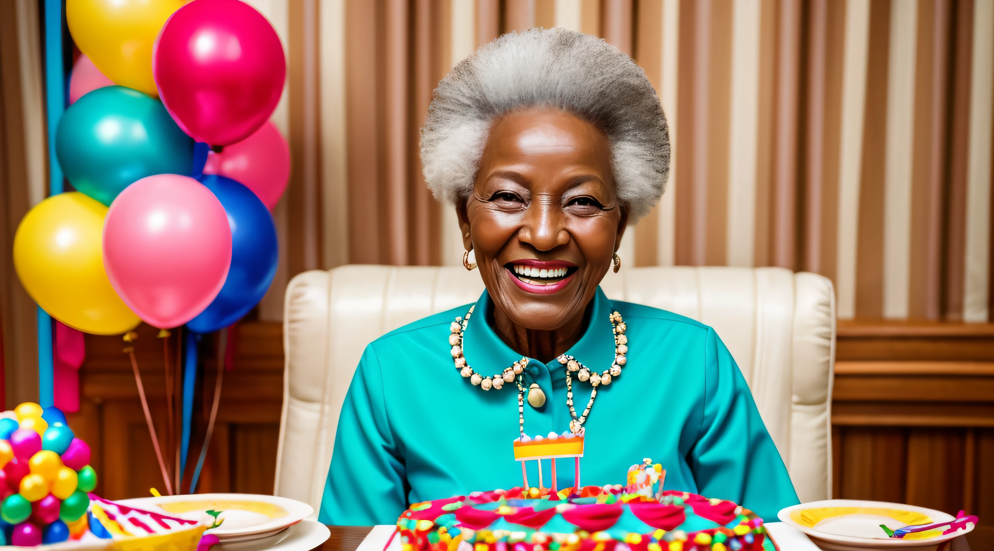 «»A heartwarming photorealistic image portrays an elderly African woman celebrating her birthday with genuine happiness. The room is tastefully decorated with colorful balloons, streamers, and festive decorations, creating an ambiance of joy and festivity. The woman's face lights up with a bright smile as she cherishes the special moment of her birthday. Whether she is joined by loved ones or enjoying the celebration in solitude, she embraces the joy of her special day. The photograph captures the essence of her happiness and the cheerful atmosphere of the party. The lighting is warm and inviting, enhancing the joyful ambiance. The resolution is high, providing a lifelike portrayal of this heartwarming and meaningful birthday celebration. This image celebrates the beauty of aging, the wisdom that comes with experience, and the happiness that comes with treasured moments, regardless of the number of guests present.»»