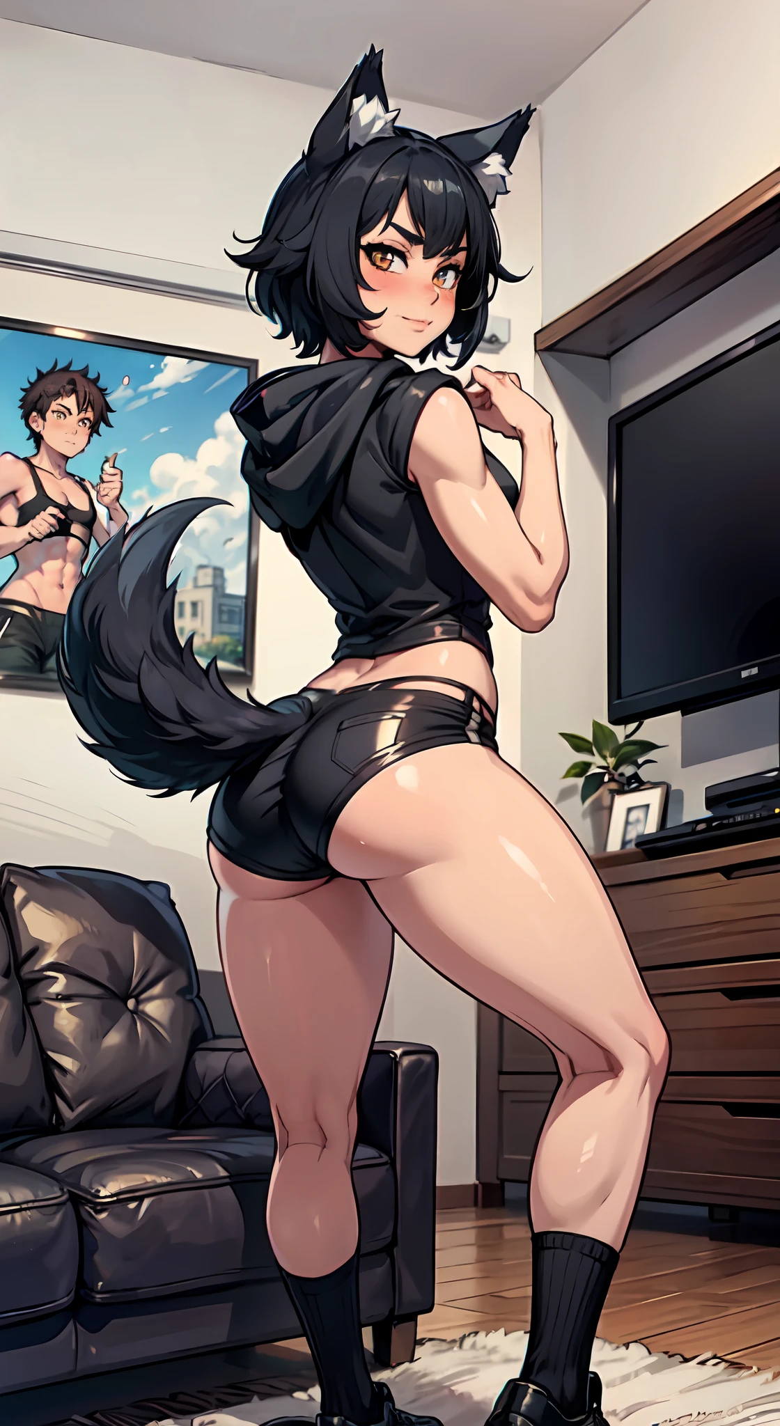wolf ears, 1boy, gold eyes, black hair, short fluffy hair, wolf tail, vibrant, HD, black baggy hoodie, black booty shorts, accurate hands, blush, black thigh socks, smug, extra big butt, big thighs, toned abs, black shoes, flat chest, accurate legs, living room setting