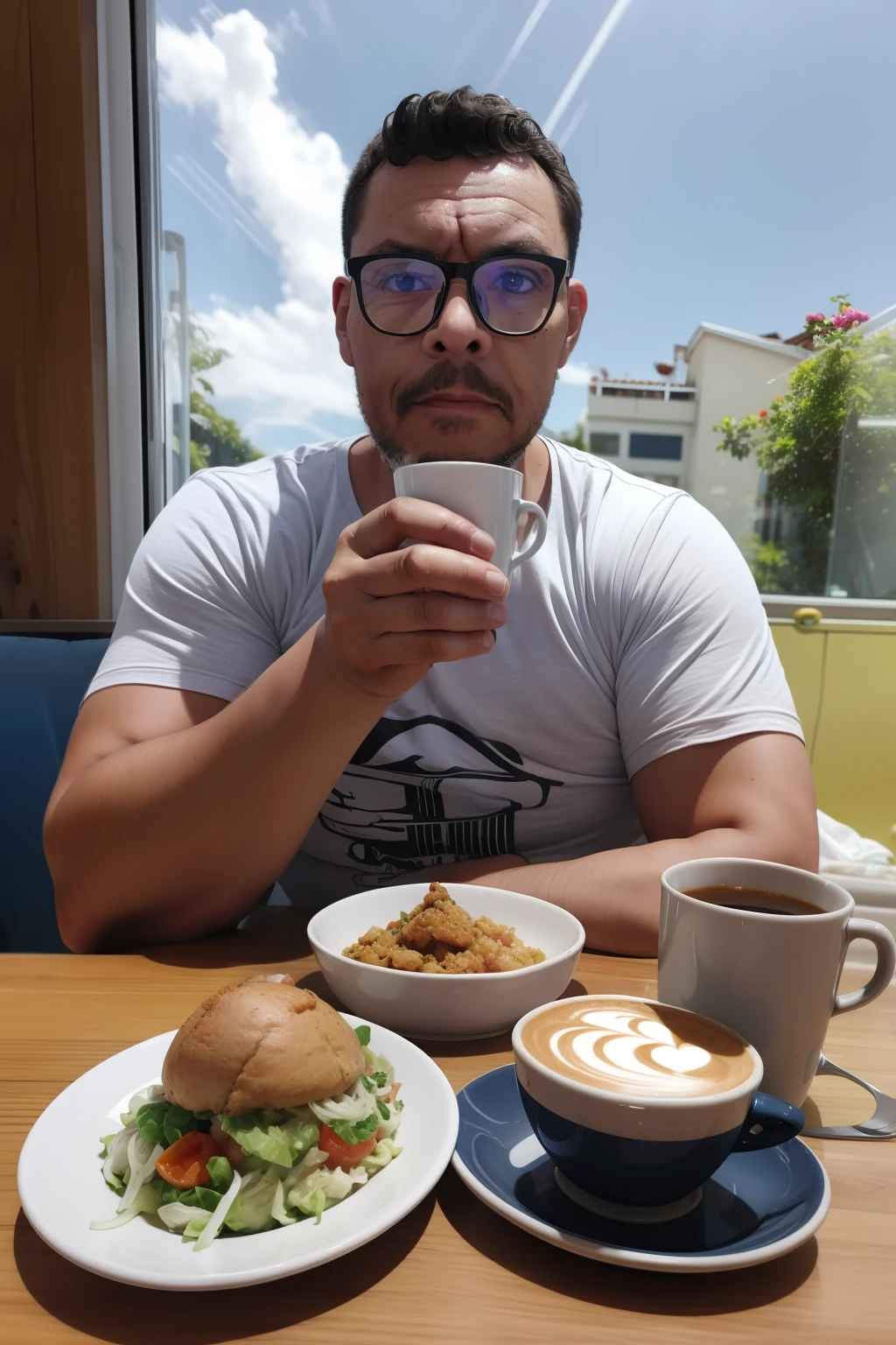 retrato realista de um homem de oculos, rosto definido e detalhado, with a cup of coffee in your hands. Ele esta sentado em uma cafeteria charmosa. Through the window you can see an erupting volcano. Cena fantasiosa e realista. Detalhada e sensacionalista. 8k. UHD