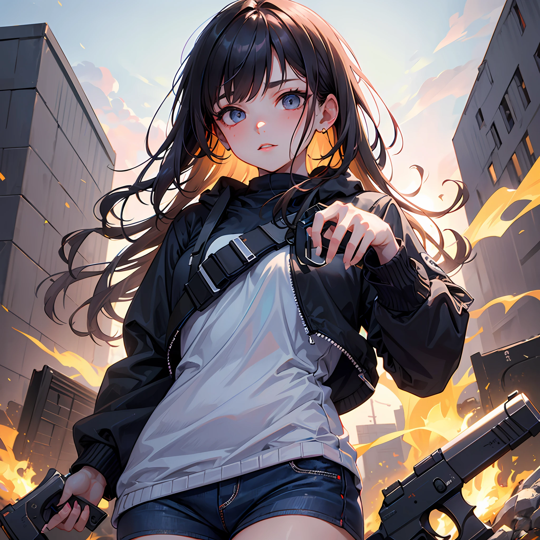 (1girl:1.3), holding a gun, pistol, glock17, Hold the Glock17 diagonally in front of the chest, Hold the barrel with your left hand, The fingers of the right hand are on the trigger, Center Axis Relock System