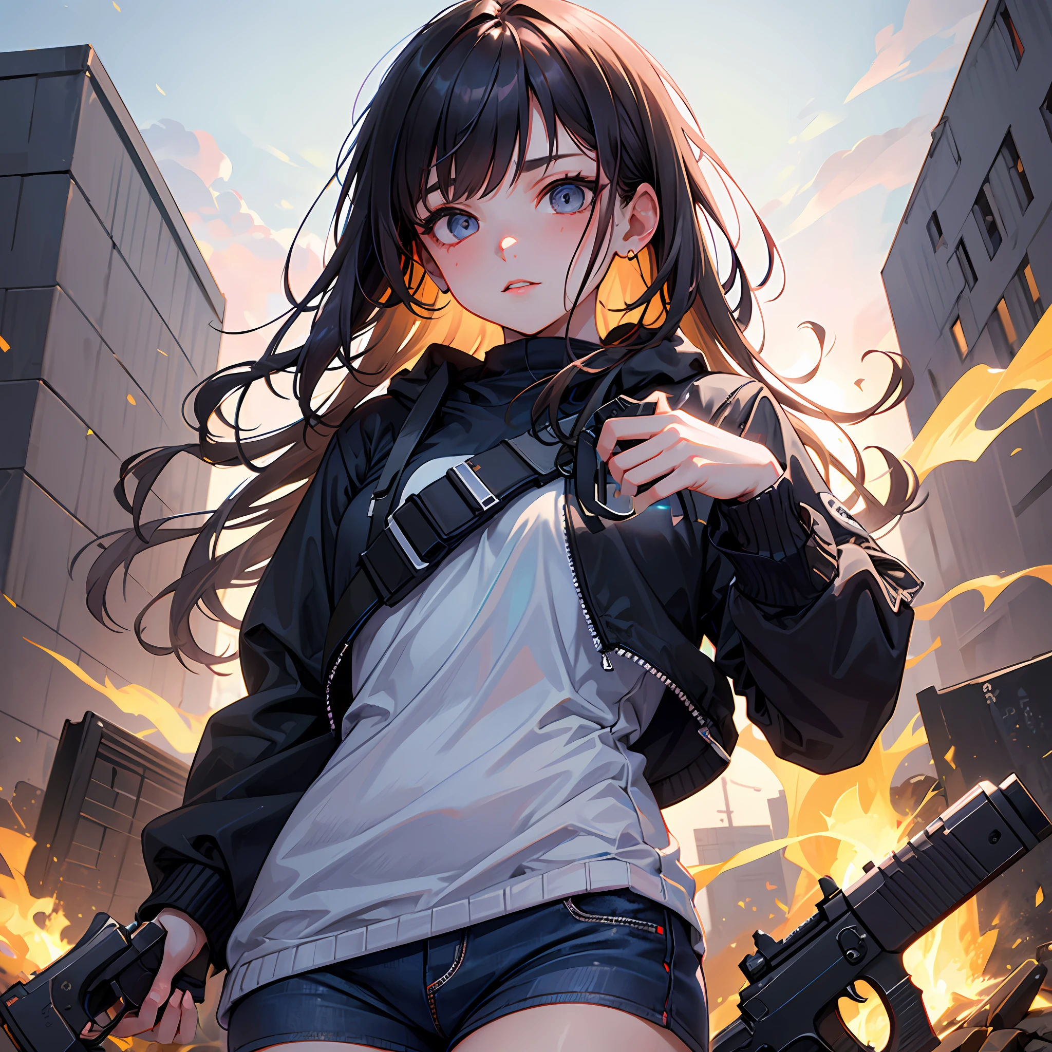(1girl:1.3), holding a gun, pistol, glock17, Hold the Glock17 diagonally in front of the chest, Hold the barrel with your left hand, The fingers of the right hand are on the trigger, Center Axis Relock System