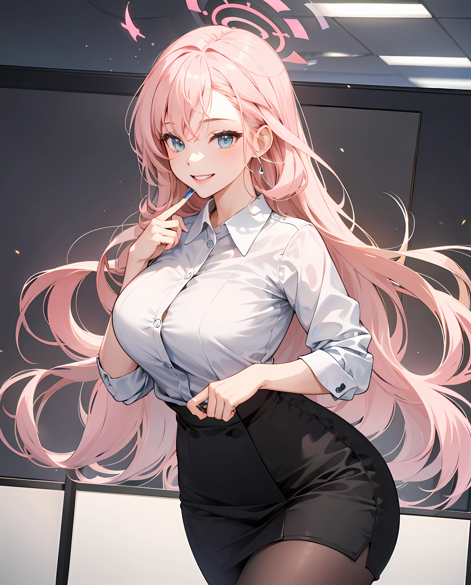 ((masterpiece, best)),(1girl),((mature woman)), light pink hair, dizzy, trumpet, ((office lady)), bangs, mid-chest, (full), slim, smiling, [wide hips] ,office,standing, aru \(blue archive\),