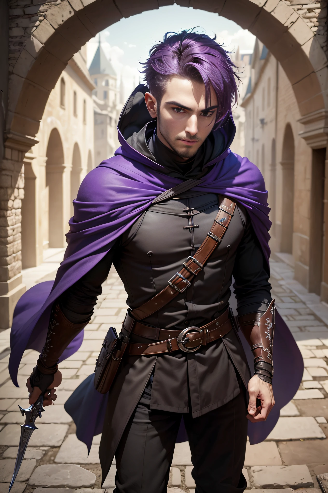 (((masterpiece, best quality, ultra detailed))), (male talented assassin get ready for battle, looking to viewer, perfect fingers, perfect hands), 35 years old, medieval empty ruins as background, from above, backlighting, unapproachable vibe, expressionless, purple hair, very short hair, male face, male eyebrows, male eyes, sharp nose, facial muscle, adam's apple, (sharp eyes), red pupils are glowing, medieval Assassin costumes, long assassin cloak, hooded,