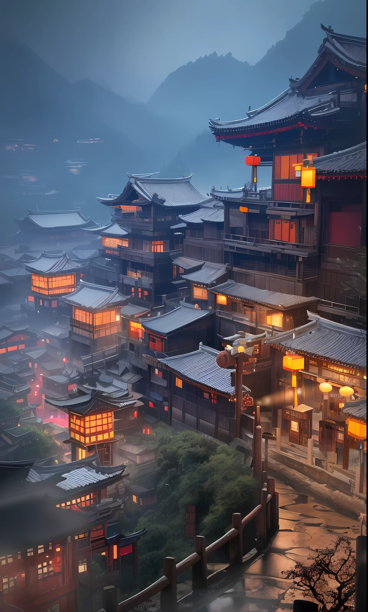 arafed view of a village with a lot of lights on the buildings, dreamy chinese town, chinese village, amazing wallpaper, japanese town, japanese village, hyper realistic photo of a town, old asian village, japanese city, by Raymond Han, rainy evening, cyberpunk chinese ancient castle, beautifully lit buildings, at evening during rain, beautiful and aesthetic, photography, cinematic, 8k, high detailed ((Heavy rain)))
