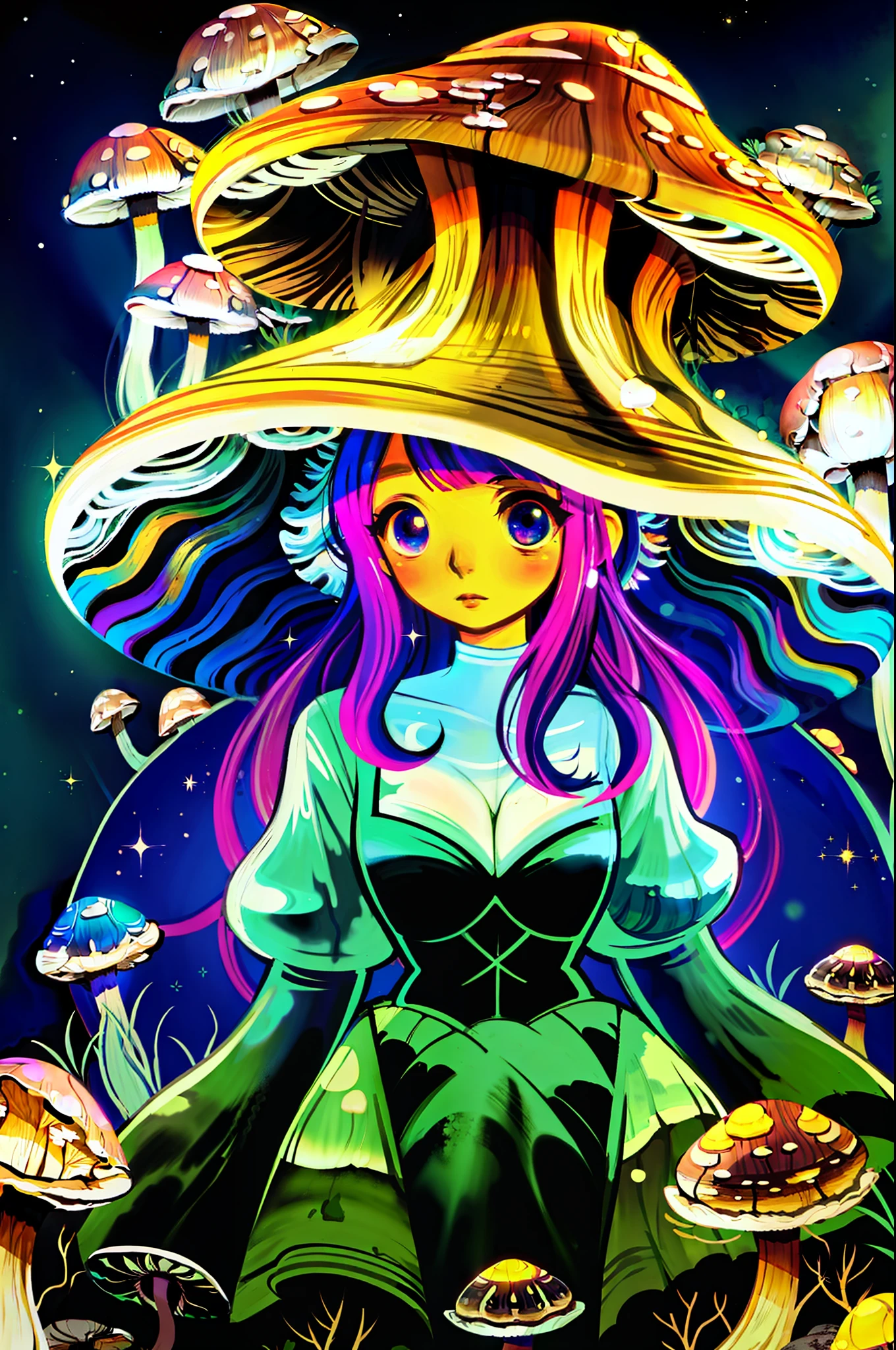 masterpiece, best quality, 1 woman, many eyes, glowing mushrooms stick out of her hair, space background, feef,