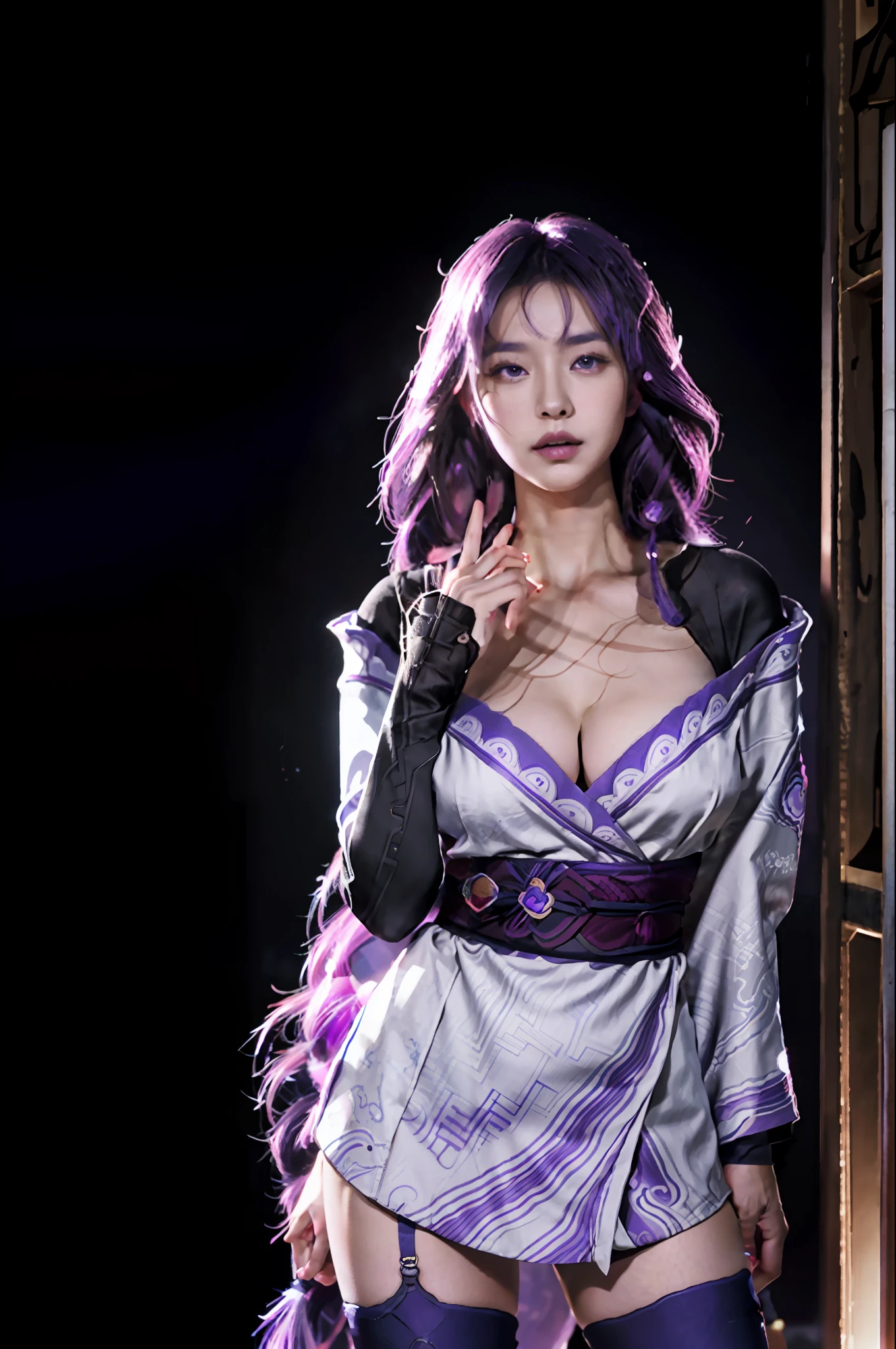 masterpiece, best quality,solo，girl，raiden shogun，closeup cleavage，photorealestic，realisticlying，skin textures，with black background，skinny pants，big breasts， beautiful，upperbody closeup， purple eyes, japanese clothes, purple hair,  long hair,purple kimono, thighhighs,  kimono, weapon, braid,