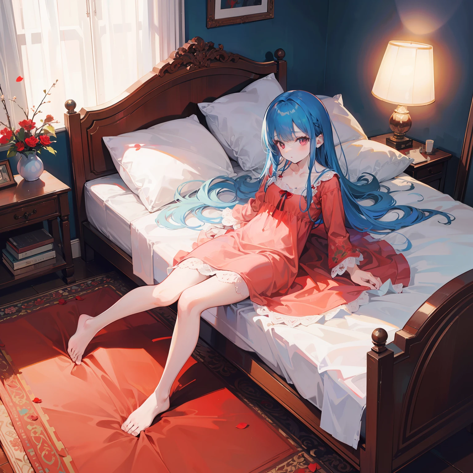 artistic photograph, Real light and shadow on a sunny day,autumnal,bed room,red bed,((silk nightdress)),1 beautiful girl,Overhead shot,Mid shot, full body,(((Long light blue hair))),Red eyes,(long hair),(Red petal),