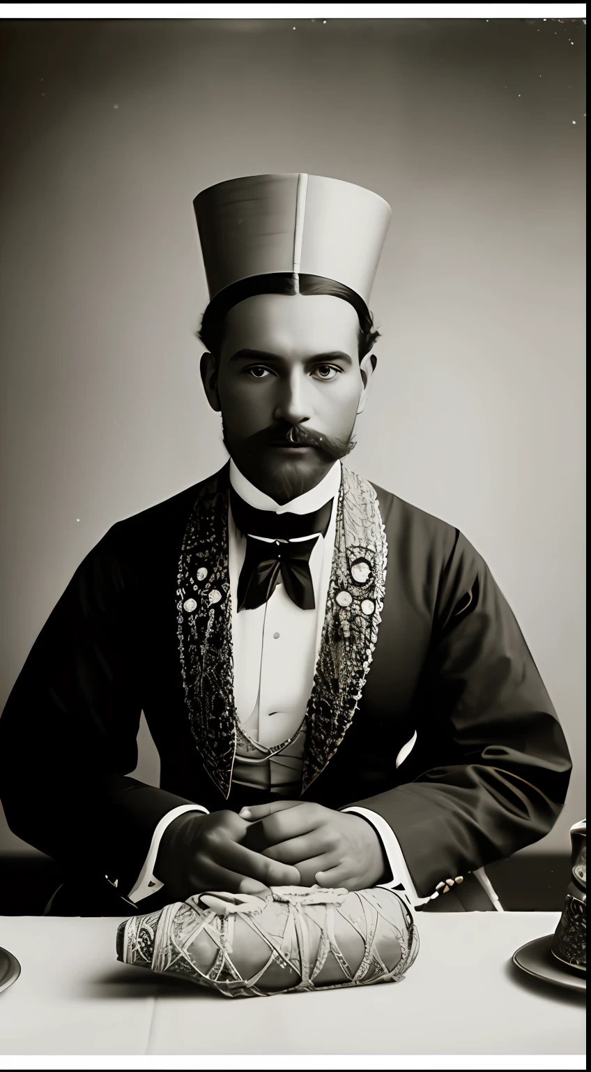 "A vintage photograph capturing the elegance of the Victorian elite, lavishly dressed in their finest attire, mesmerized by the enigmatic presence of an Egyptian mummy resting on a table, adorned with intricately wrapped linens, creating a captivating centerpiece for the event."