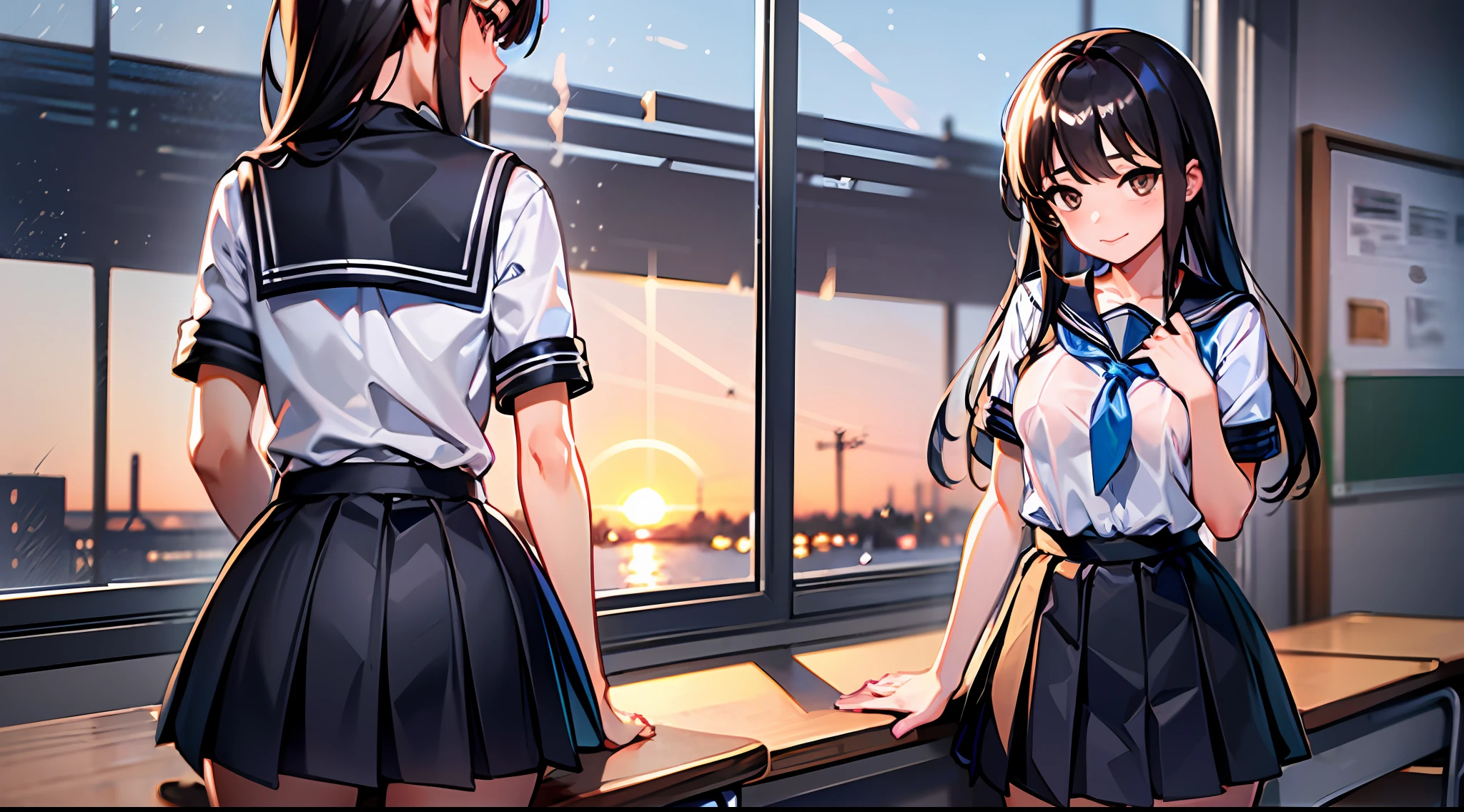 masterpiece, best quality, (1faceless boy:1.3),(boy grabbing breast:1.1),1girl .(school uniform:1.2), black long hair,brown eyes,(classroom:0.8), (sunset:0.7),(medium breasts:1.4), (sad smile:0.8)