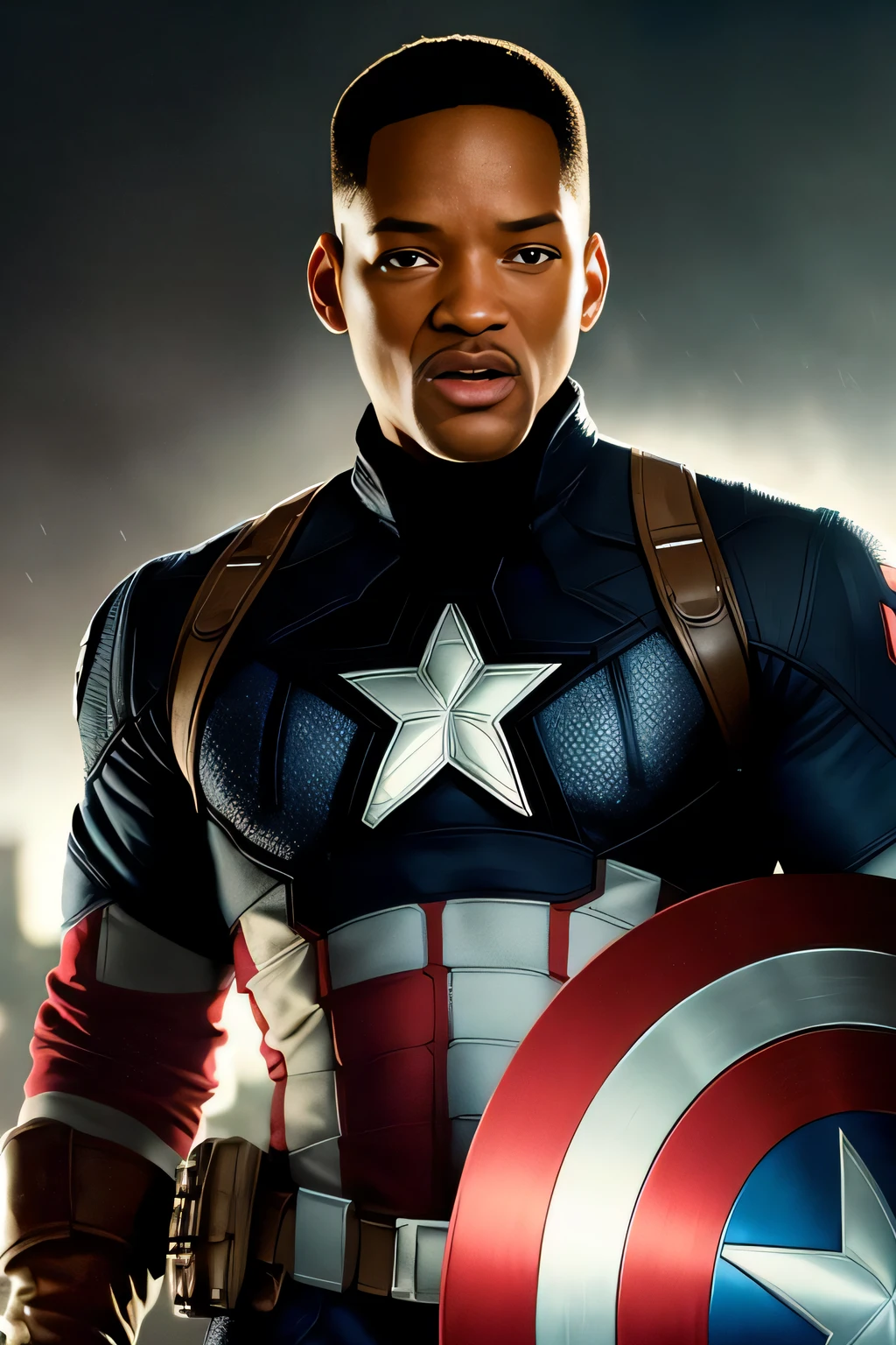 Tarantino style, Will Smith as Captain America 8k, high definition, detailed face, detailed face, detailed eyes, detailed suit, in style of marvel and dc, hyper-realistic, + cinematic shot + dynamic composition, incredibly detailed, sharpen, details + superb details + evening with light + perfectionism + award winning realism ((moody lighting)),(upper body)