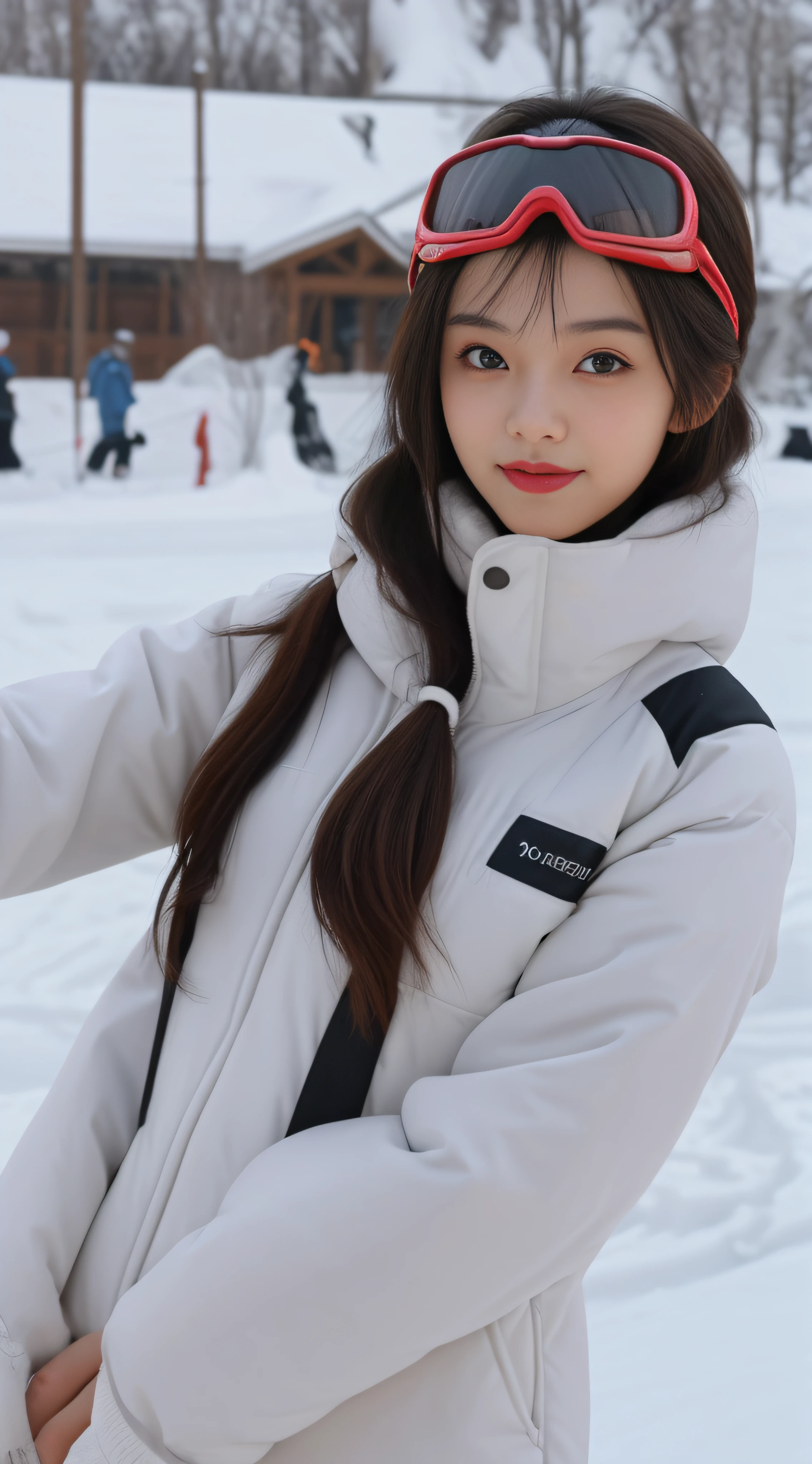 skiing,ski,ski goggles,Focus:1.2, perfect figure beautiful woman:1.4, Best facial quality, Ultra-high facial detail,Ultra-high pupil detail,slimfigure,ssmile,Ultra-detailed facial makeup,Smaller bust,at winter season,围巾,outside,Hair is slightly curled,Single horsetail,