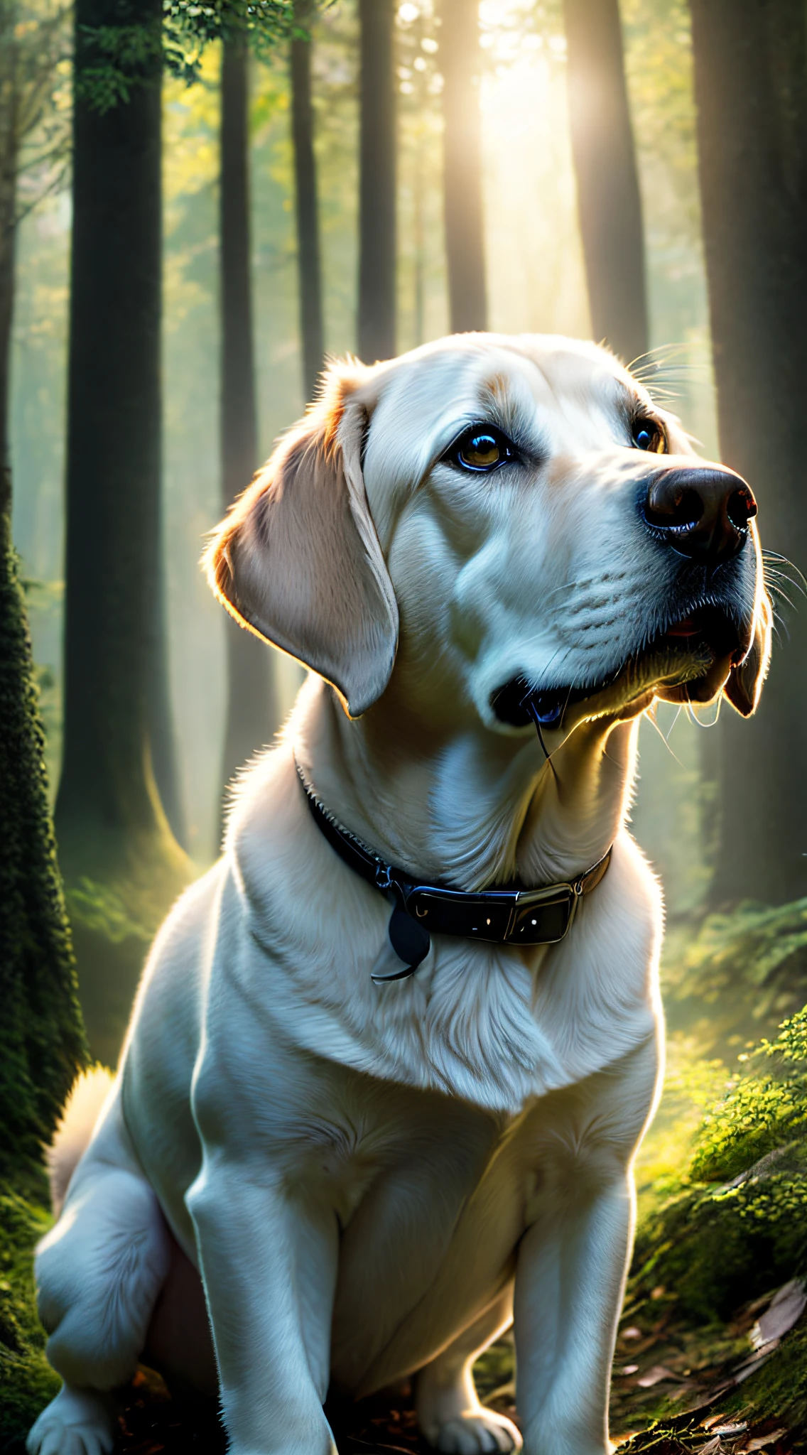 Close-up photo of a very cute Labrador playing in the forest，Soft volumetric light，（The light from the back window is backlighted：1.3），（cinematic ligh：1.2），Complicated details，（art  stations：1.3），rootkowski