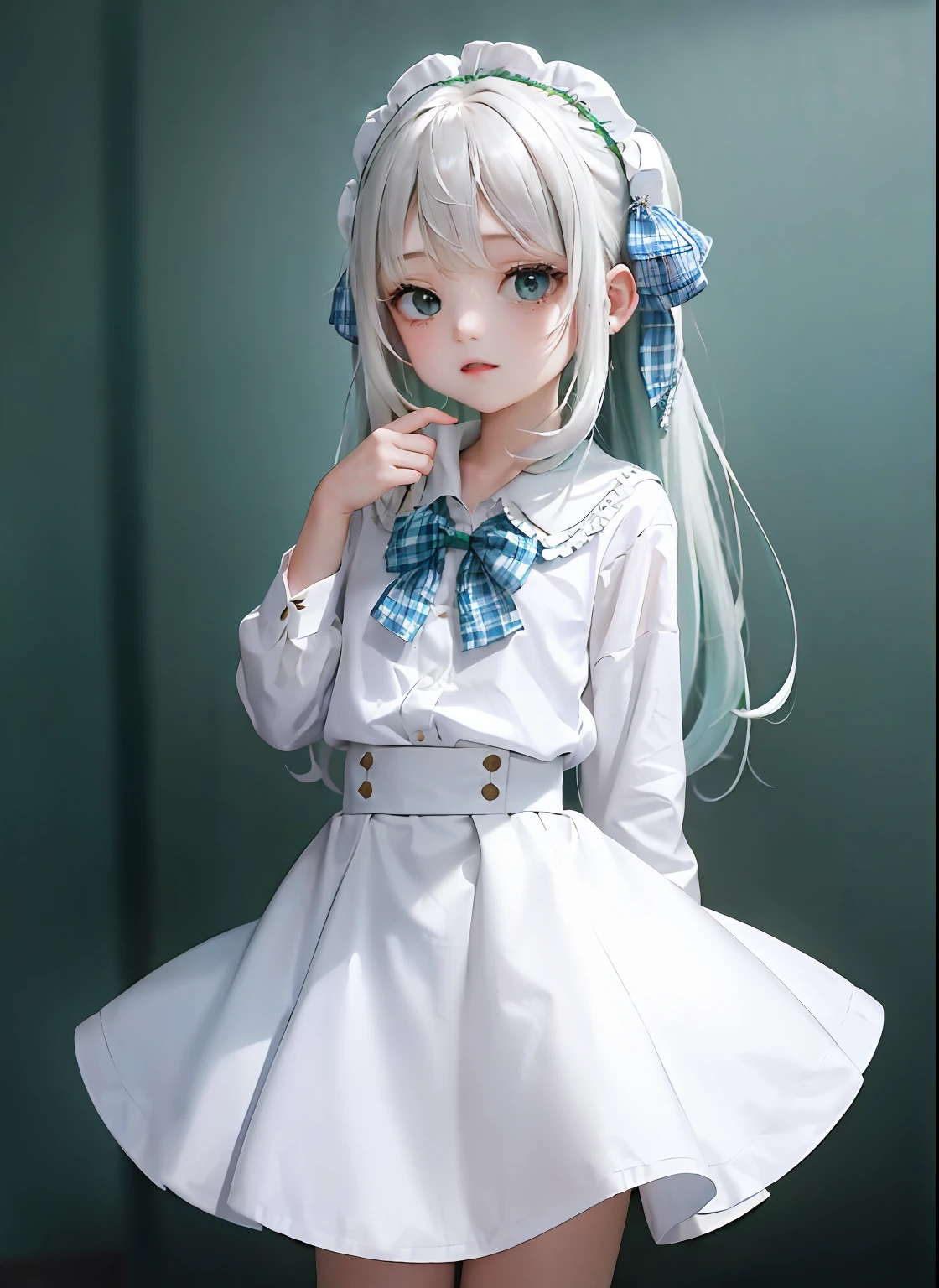 1girl, (masterpiece:1.1), (best quality:1.1), (white blouse:1.1), (plaid skirt:1.1), school uniform, high waist skirt, BREAK [blue:pink:0.5] theme, (gradient background:1.1 ), cowboy shot, BREAK silver hair, long hair,, green eyes, delicate headgear, looking sideways,