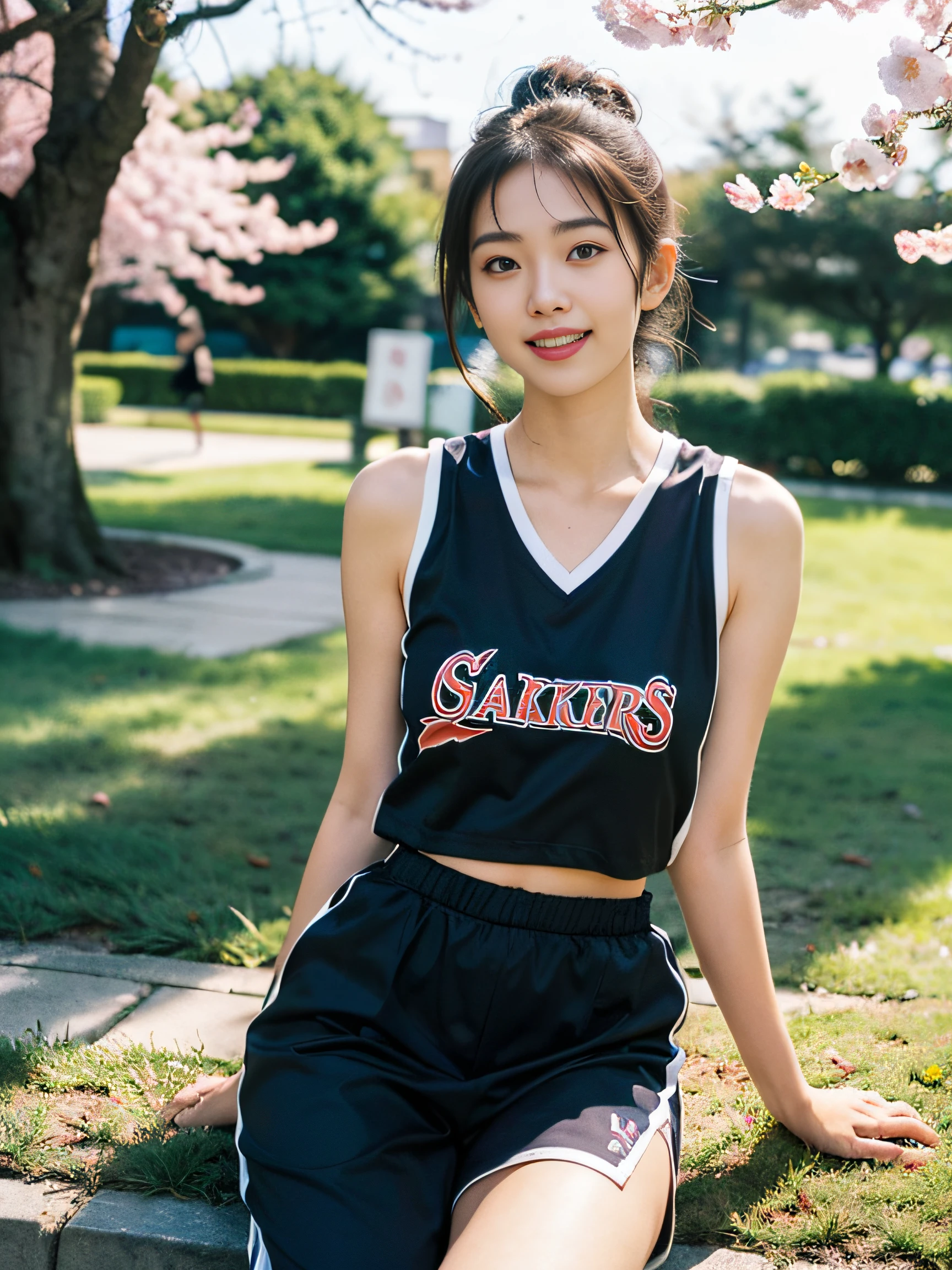 (8K、top-quality、​masterpiece:1.2)、(realisitic、Photorealsitic:1.37)、ultra-detailliert、top-quality、超A high resolution、From head to thigh、professionally lit、Cinematic lighting,a park、A path lined with flourishing cherry blossom trees、depth of fields,Focusing,Sun'rays,Good composition,(Bokeh:1.2),女の子1人,(full body Esbian),(A smile),Beautiful eyes,the pose,Triangular sitting、Constriction,Basketball Uniforms,Cropped tank top,poneyTail,(ulzzang-6500:1.2) mix4, hiqcgbody