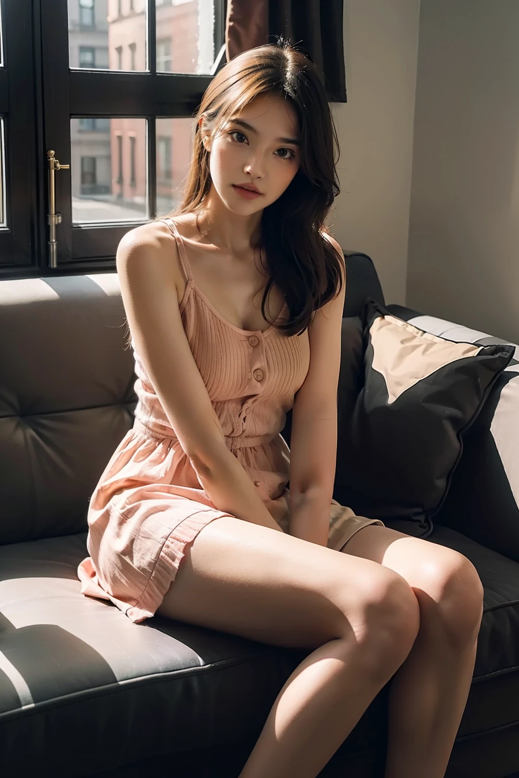 1girll,Sit on a comfortable sofa,Cross ed leg,Soft light