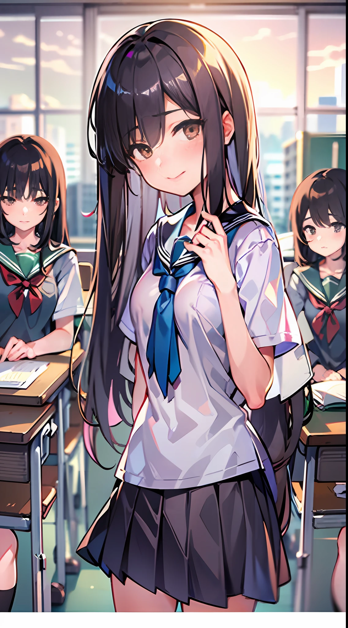 masterpiece, best quality, (1faceless boy:1.3),(boy grabbing breast:1.1),1girl .(school uniform:1.2), black long hair,brown eyes,(classroom:0.8), (sunset:0.7),(medium breasts:1.4), (sad smile:0.8)