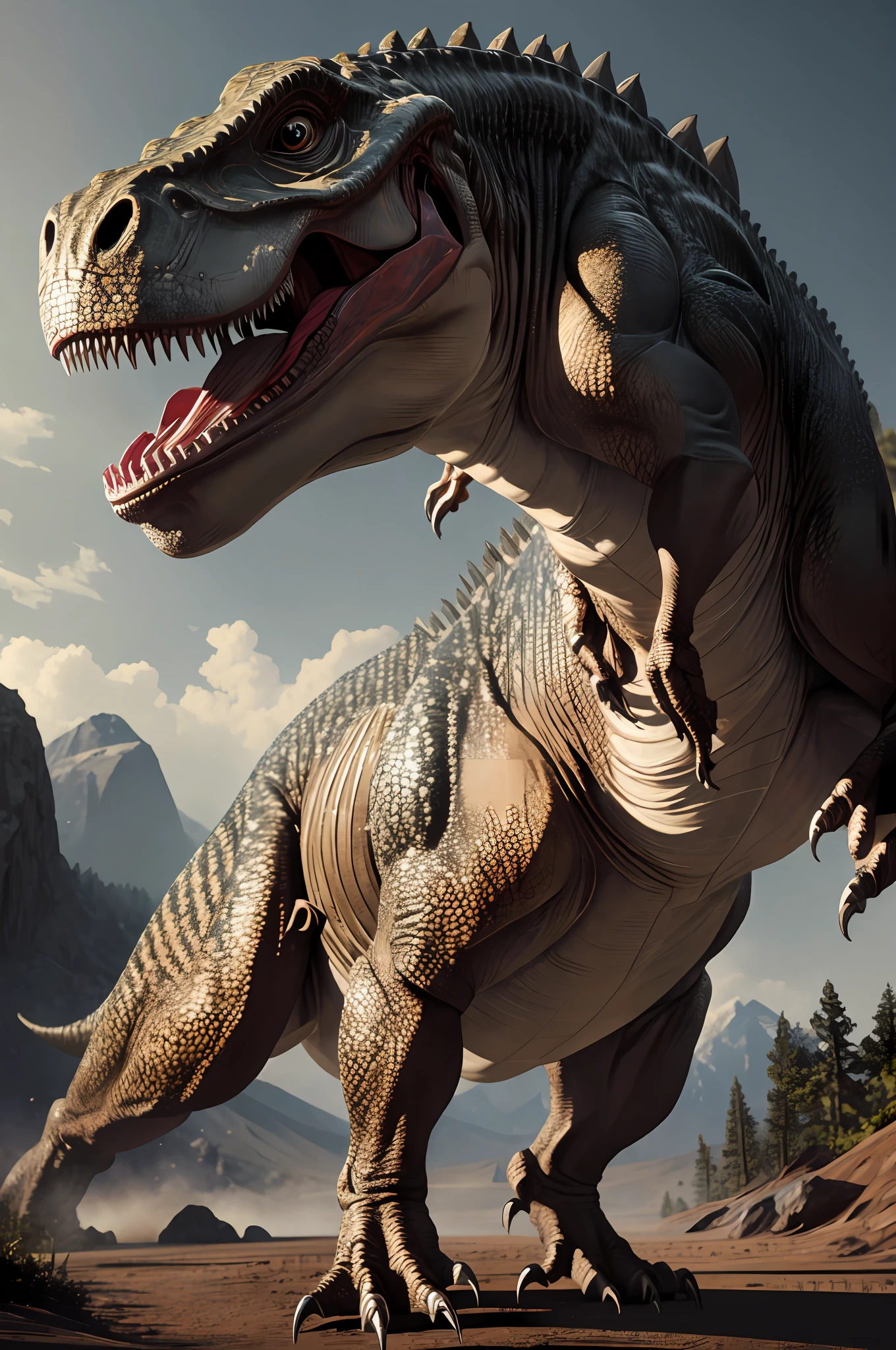 (8k, RAW photo, best quality, masterpiece:1.2), ultra detailed, official art, photo-realistic:1.37, t rex, dinosaur, film grain, action pose,