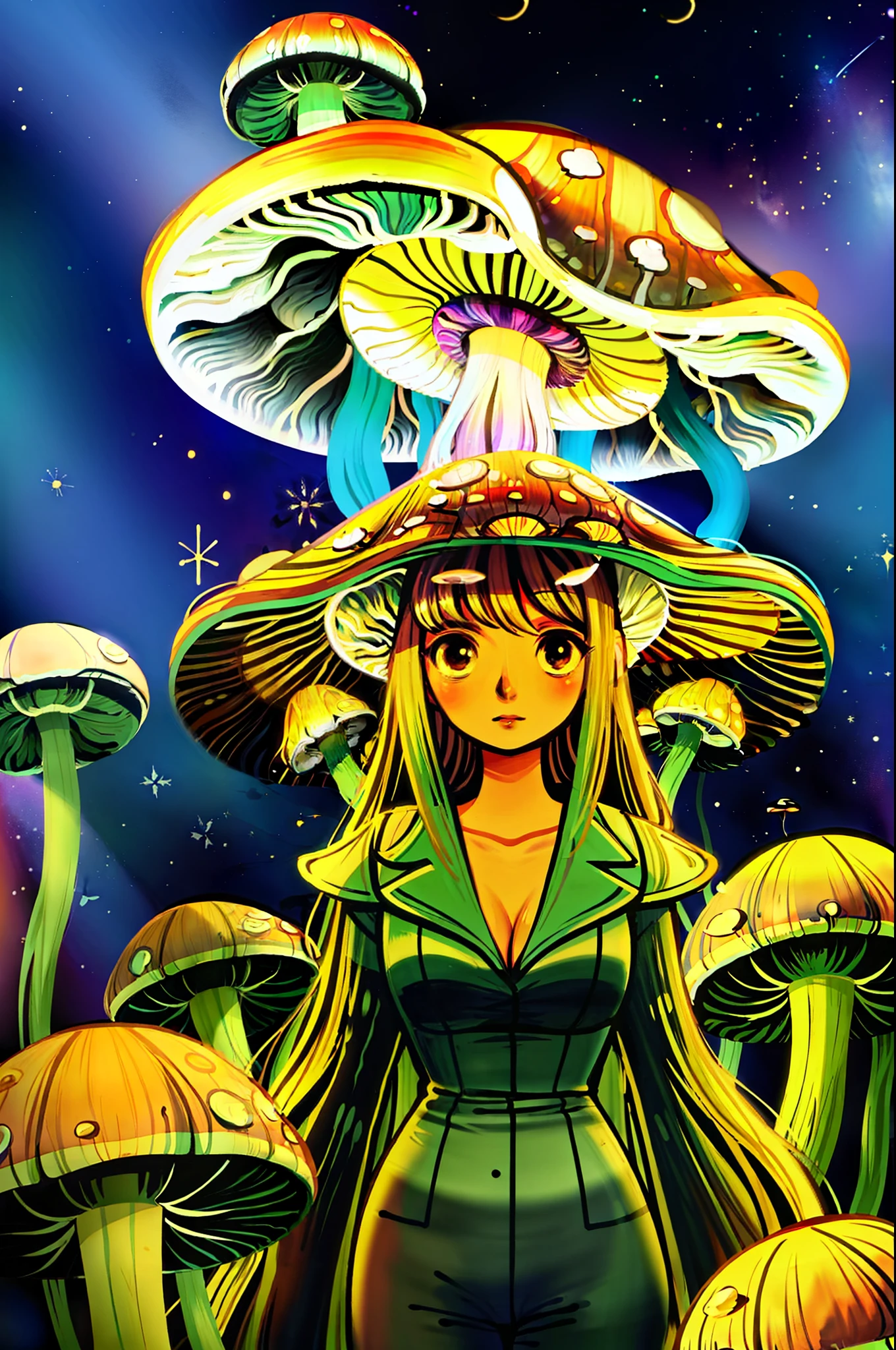 masterpiece, best quality, 1 woman, many eyes, glowing mushrooms stick out of her hair, space background, feef,