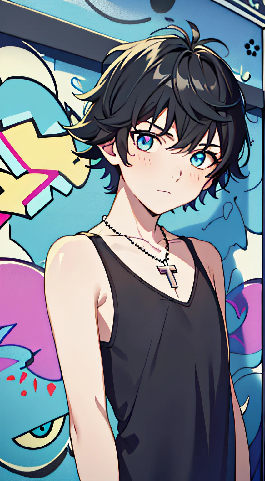 masterpiece, best quality, high quality, 1boy, solo, male focus, looking at viewer, cold light, (summer tank top:1.2), (cross necklace:1.2), (lively:1.1), (blue_eyes:1.2), (Zaffre eyes color:1.1), (black hair:1.2), (black short hair:1.5), black short hair, (magic monster pattern:1.5), (walls covered with colorful graffiti:1.2)