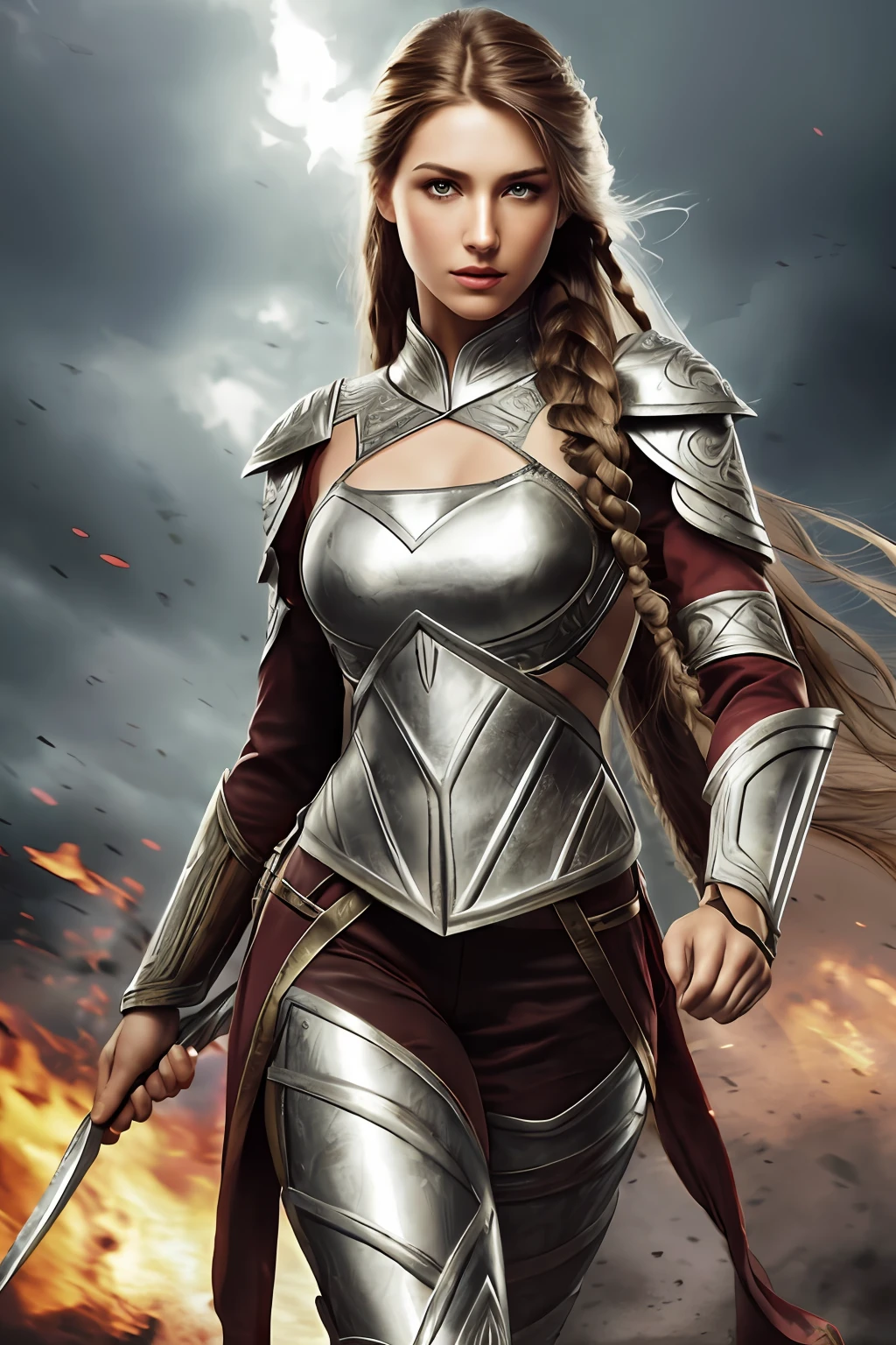 tmasterpiece,best qualtiy,hdr, hyper HD, 8K,Bokeh,Ultra-fine painting,Sharp focus,Physically-based rendering,Extreme detail description,1 female paladin,Raised sexy,ride horse,sabre,Light silver armor,(Richly decorated armor:1.5),(The print pattern is delicate and beautiful:1.5),red brown hair,Long, Thick braids,A detailed eye,Straight nose,perfect bodies,((Battlefield fighting:1.5)),