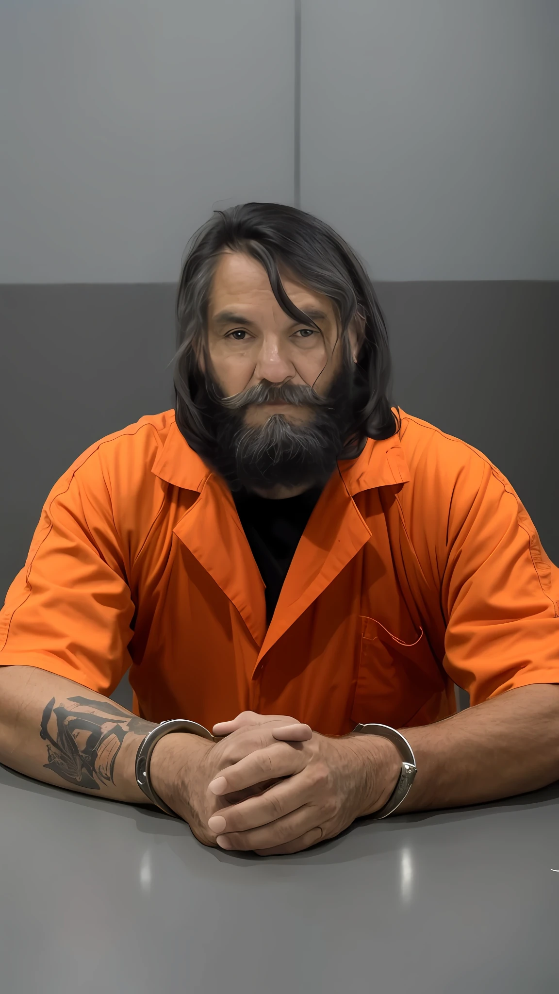 a old man with long black hair and beard, sitting in a jail facing the camera