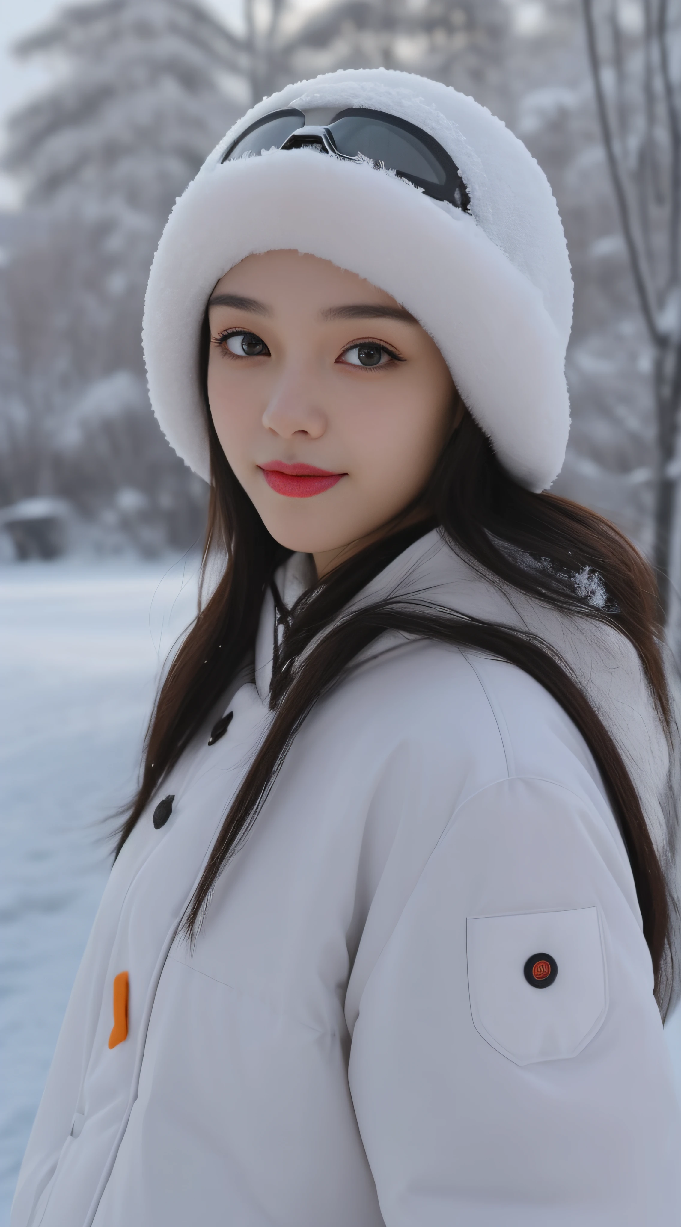 skiing，ski，ski goggles，Focus:1.2, perfect figure beautiful woman:1.4, Best facial quality, Ultra-high facial detail，Ultra-high pupil detail，slimfigure，ssmile，Ultra-detailed facial makeup，Smaller bust，at winter season，围巾，outside，Hair is slightly curled，Single horsetail，