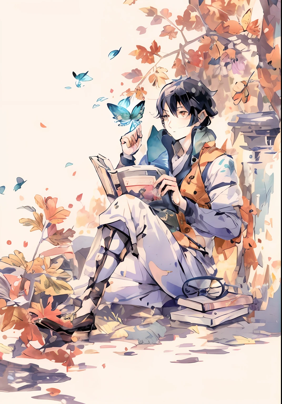 Anime boy sitting on bench reading a book,A butterfly flies overhead,Creation by Eiyama Kikukawa,shigenori soejima illustration,High quality anime style,Handsome pose,Autumn scene,Exquisite and detailed art,zerochan art,Details of the face,Details of the hand