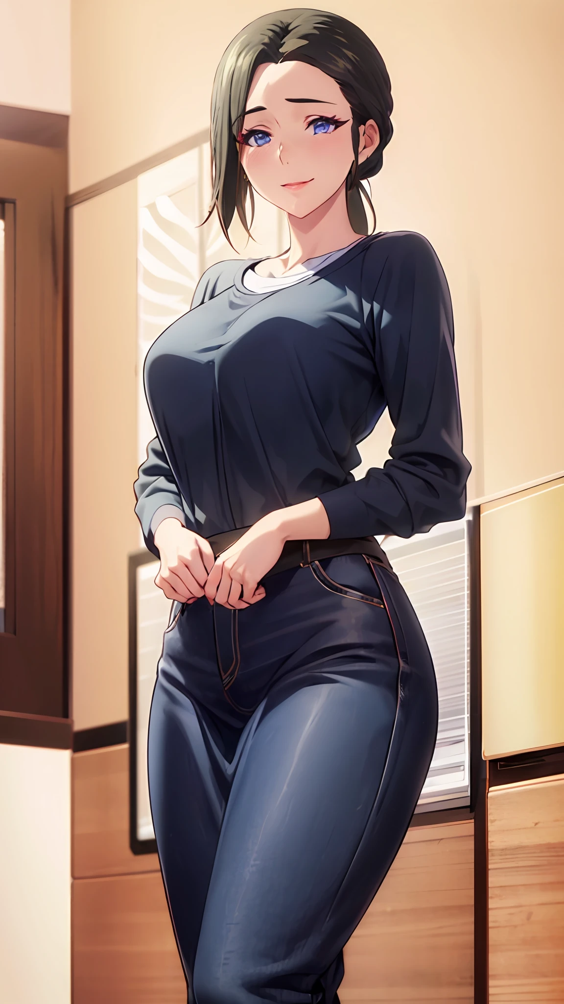 masterpiece, (best quality), 1woman,1girl ,haruhiko_ichijou_mother, black hair, long hair, (blue eyes),casual clothes, (skirt),big breasts ,, ,sexy woman,smile, hair between eyes, long sleeves,closed clothes, embarrassed,blush, , vibrant colors ,natural lighting ,RTX, , beautiful, (detailed face:1.2), showcase, (perfect eyes:1.1) ,(photorealistic:1.1), 8k uhd, looking at viewer, indoors, simple backround, makeup, purple lipstick, purple eyeshadow, beautiful lipstick, beautiful eyeshadow