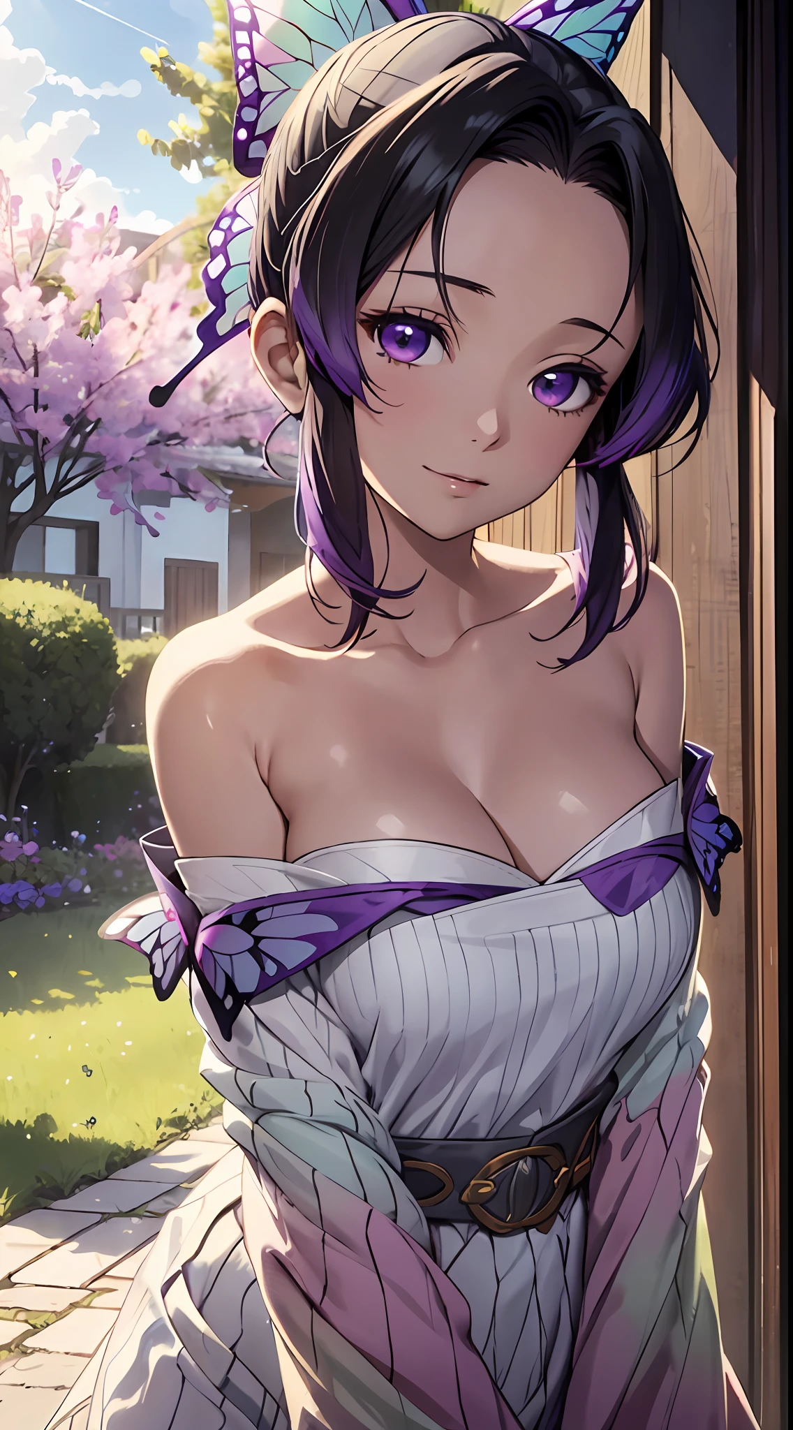 Ultra-realistic 8K CG，tmasterpiece，（（Ultra detailed backgrounds，delicate patterns，Complicated details）），Best quality at best，very vey very detailed face，very detailed eyes and faces，Very detailed eyes，Kochou Shinobu，O cabelo multicolorido，No bangs，hair intakes，Purple eye，haori，butterflys，obi strip，（trpical garden：1.2），purple flower，mostly cloudy sky，rays of sunshine，Tyndall effect，Gradient_sky，the face，beautiful sky，Saber on the waist，captivating posture，（Large breasts:1.3)，（cleavage:1.3)，（Off-the-shoulder attire:1.6)